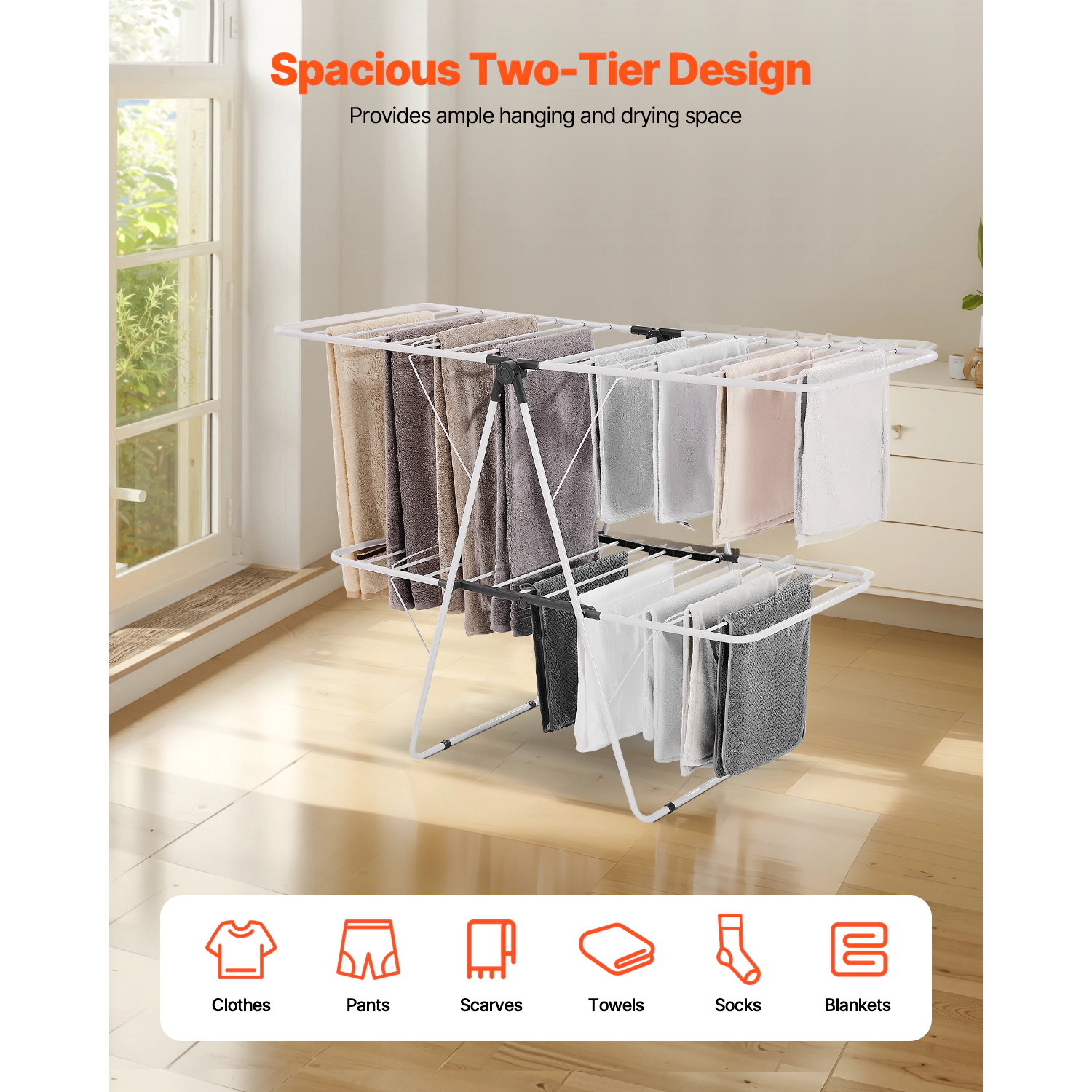HONGGE 2-Tier Foldable Clothes Drying Rack with Sock Clips & Rods