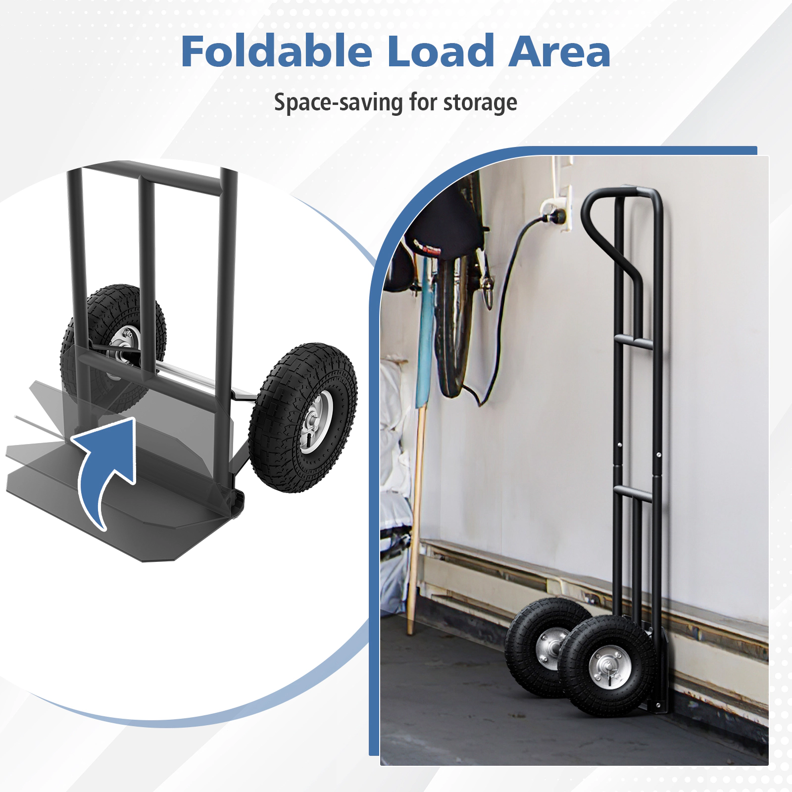 SUGIFT Folding Load Plate P-Handle Steel Frame Hand Truck 21-in x 19-in x 52-in 660-lb Capacity 10-in Wheels Black