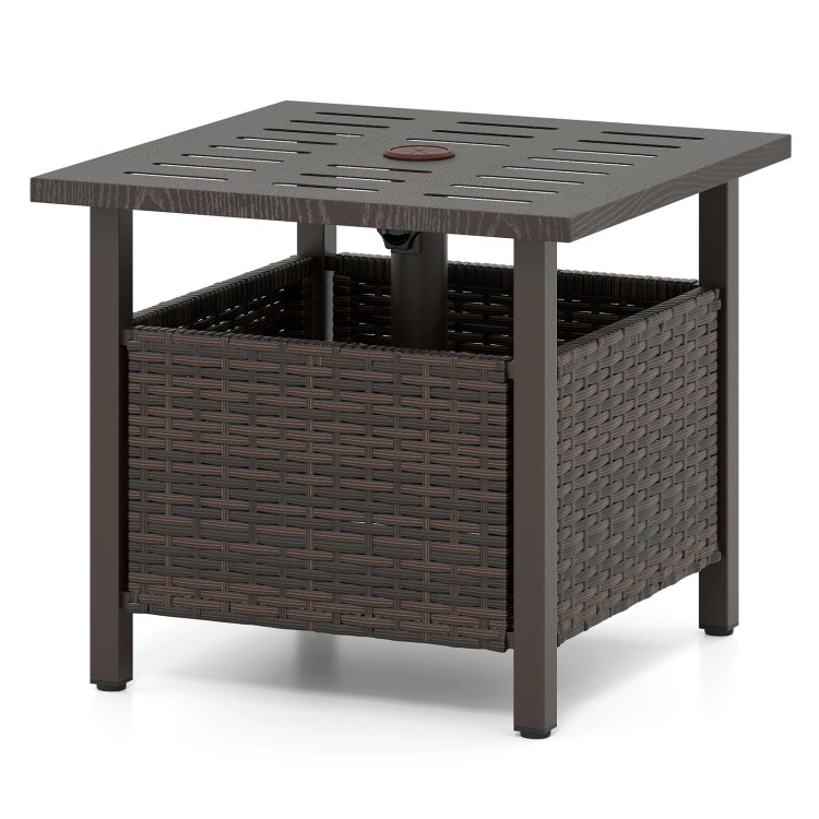 Hivvago Outdoor Side Table All-Weather Pe Wicker Patio Table With Umbrella Hole-Brown
