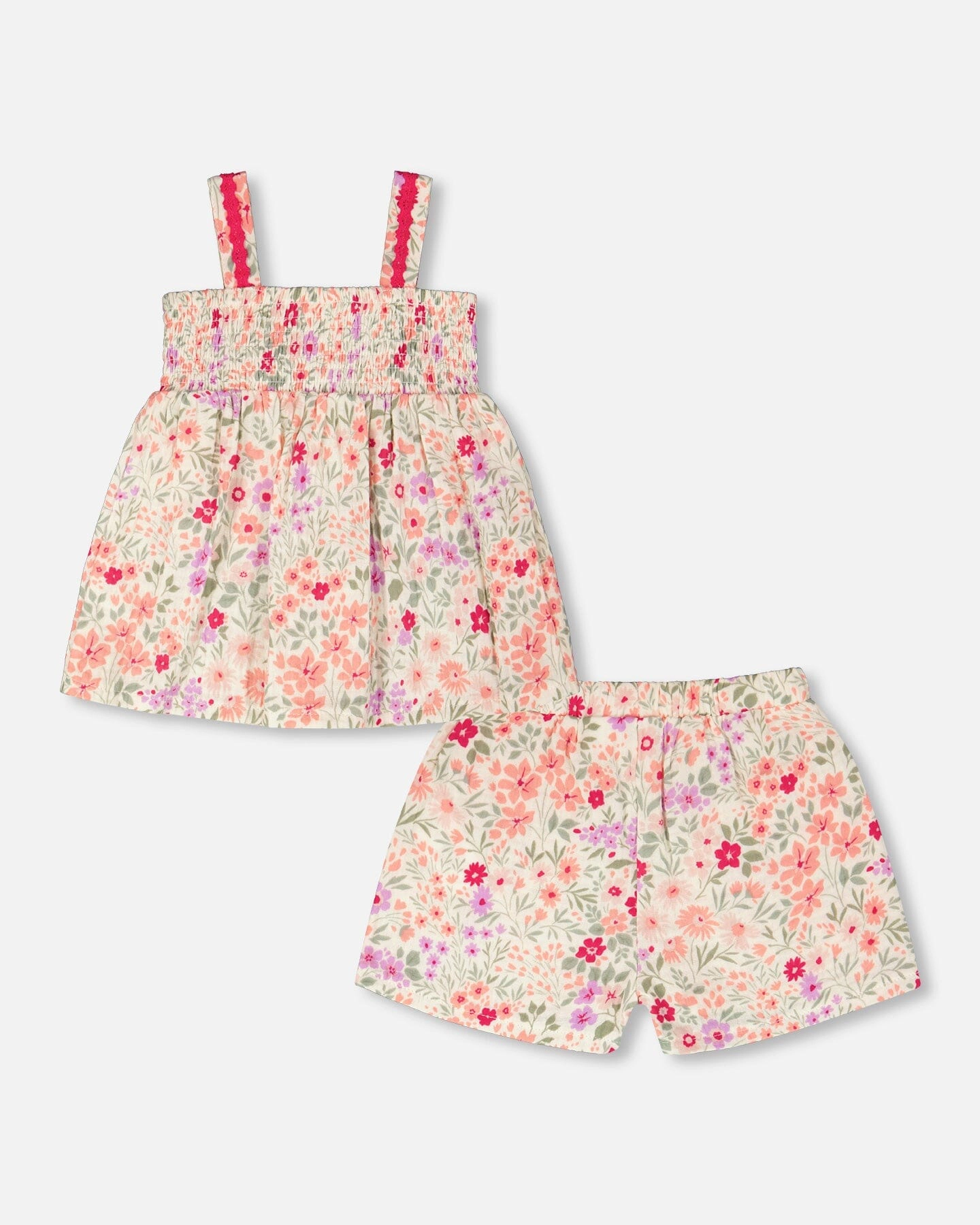Deux par Deux Girls Tank Top with Smocking and Shorts Set In Muslin Printed Flowers