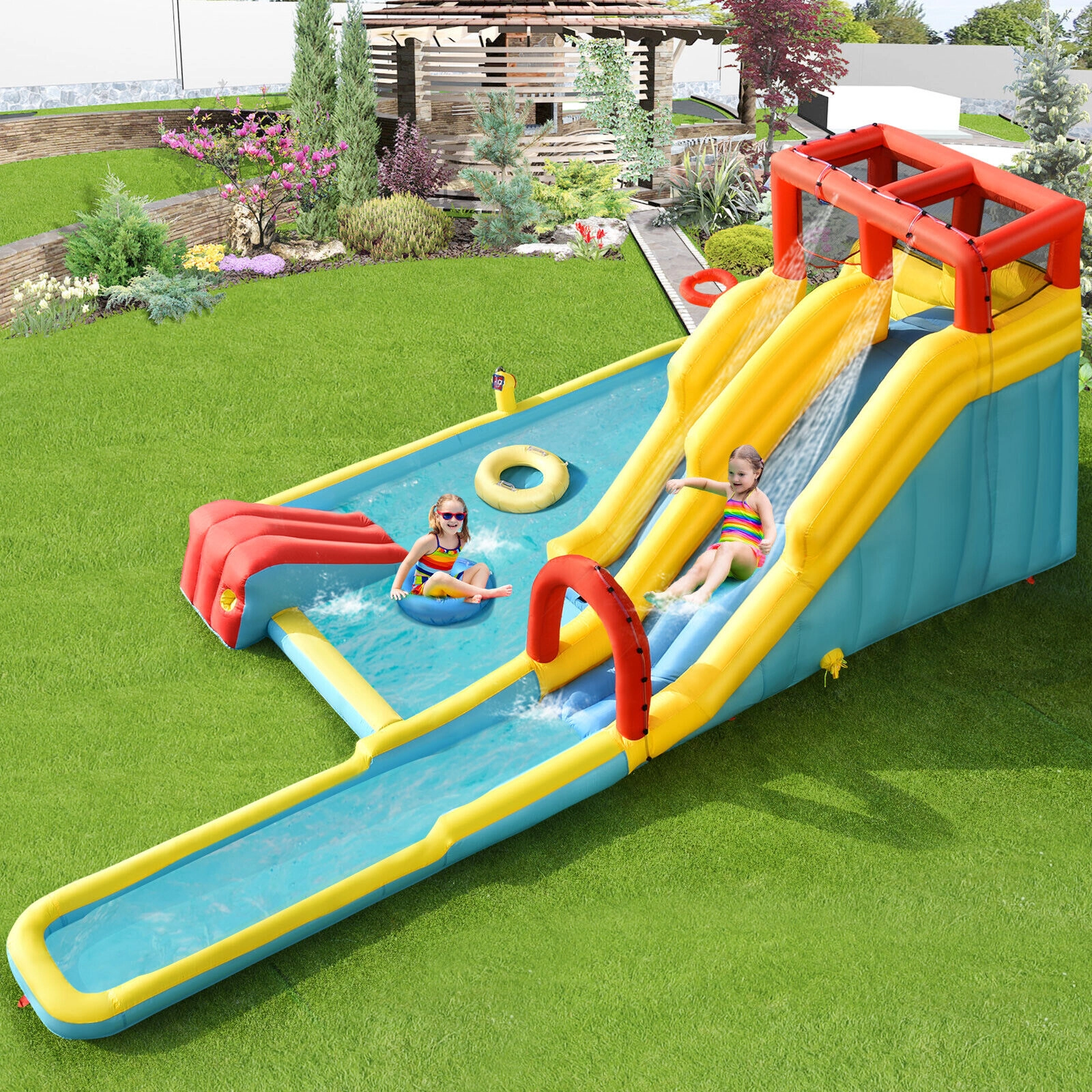 SUGIFT 245-in Inflatable Dual Slide Water Park with Climbing Wall Pool 735W Blower for Backyard