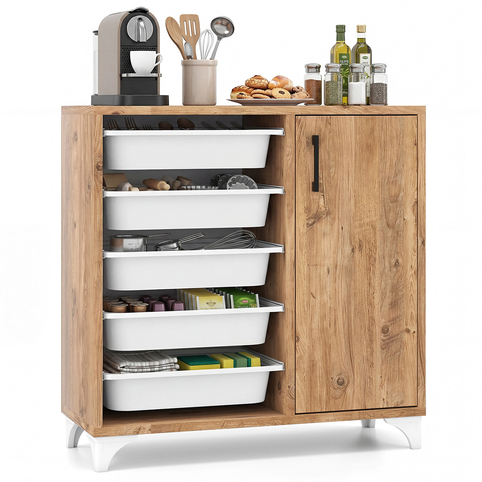 SUGIFT 5-Drawer Removable Bins Single Door Buffet Sideboard 30.5-in x 12-in x 30.5-in 40-lb Net Weight Natural