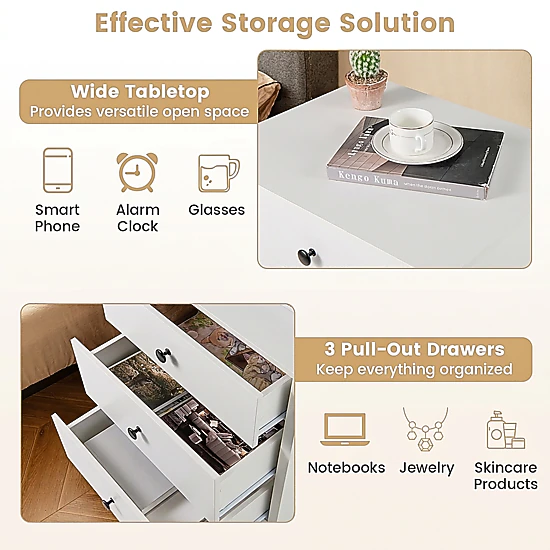 SUGIFT 3-Drawer MDF Engineered Wood Nightstand 26-in Tall 135-lb Tabletop Capacity 45-lb Drawer Capacity White