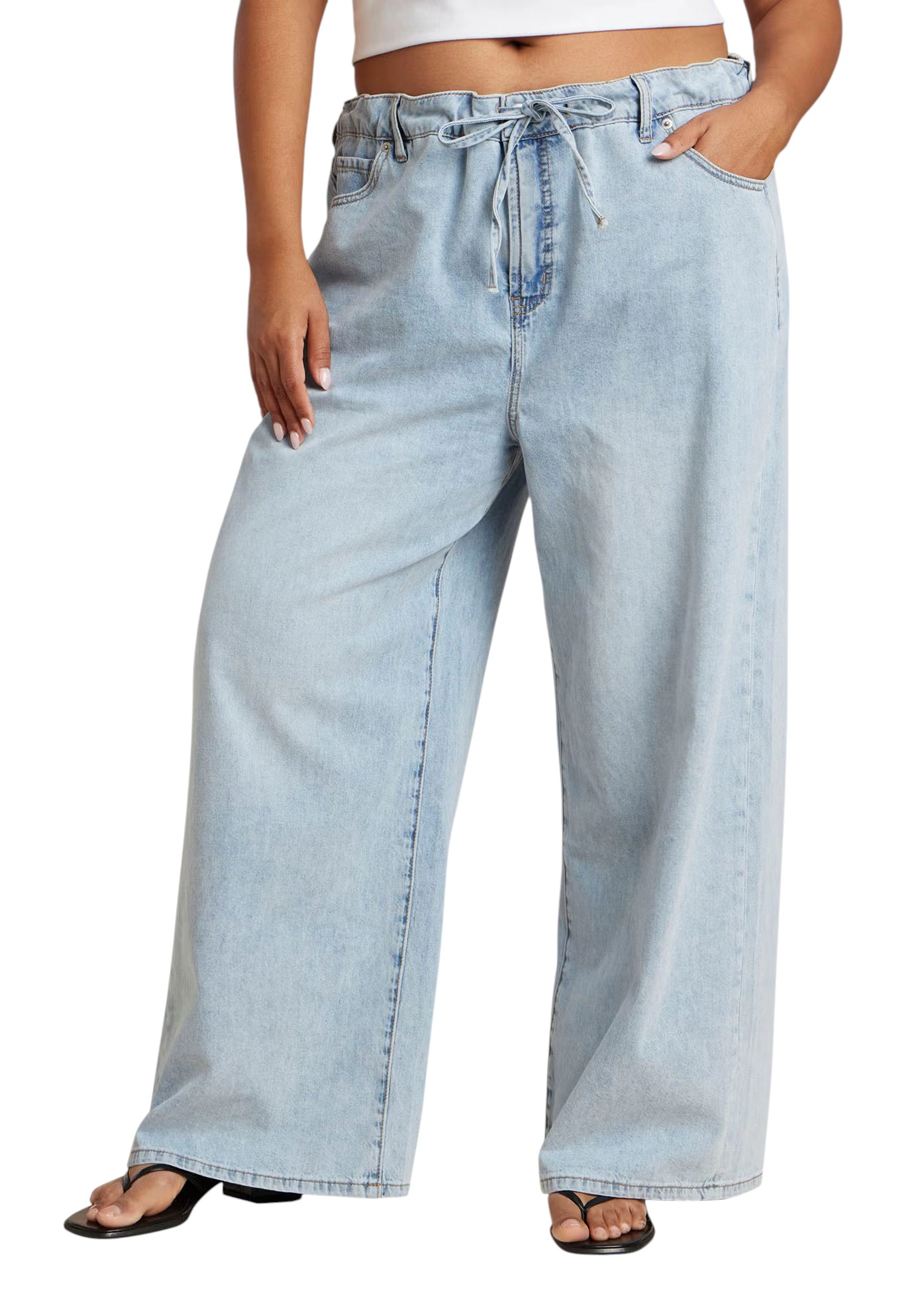 ELOQUII Women's Plus Lightweight Wide-Leg Drawstring Waist Jean
