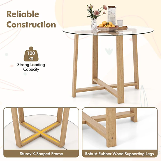 Hivvago Rubberwood Leg Round Dining Table with 42-Inch Tempered Glass Top