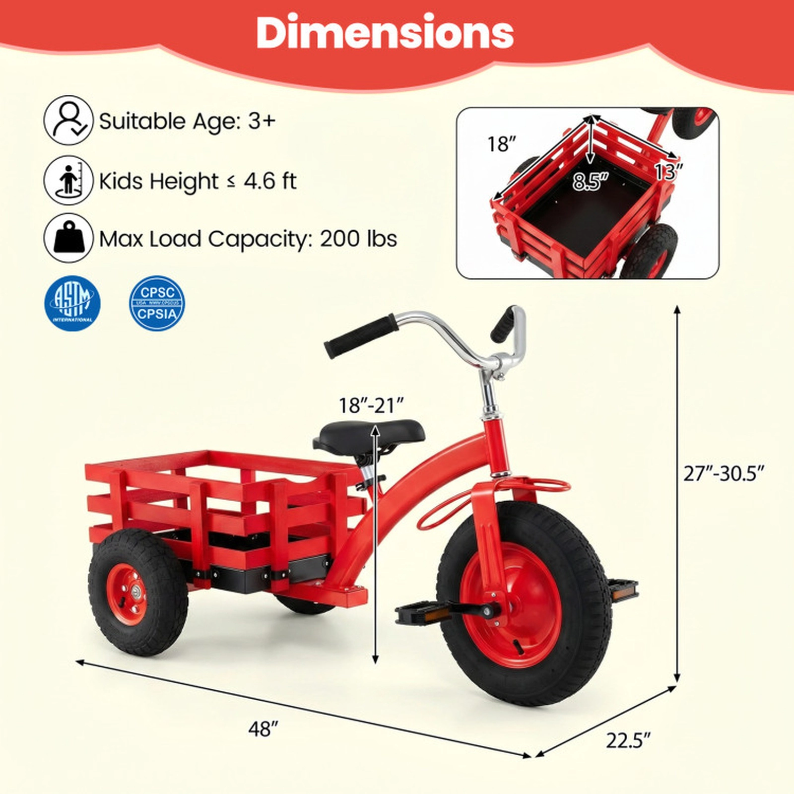 SUGIFT Red Inflatable Rubber Tires and Rear Cargo Basket 200-lb Kids Tricycle