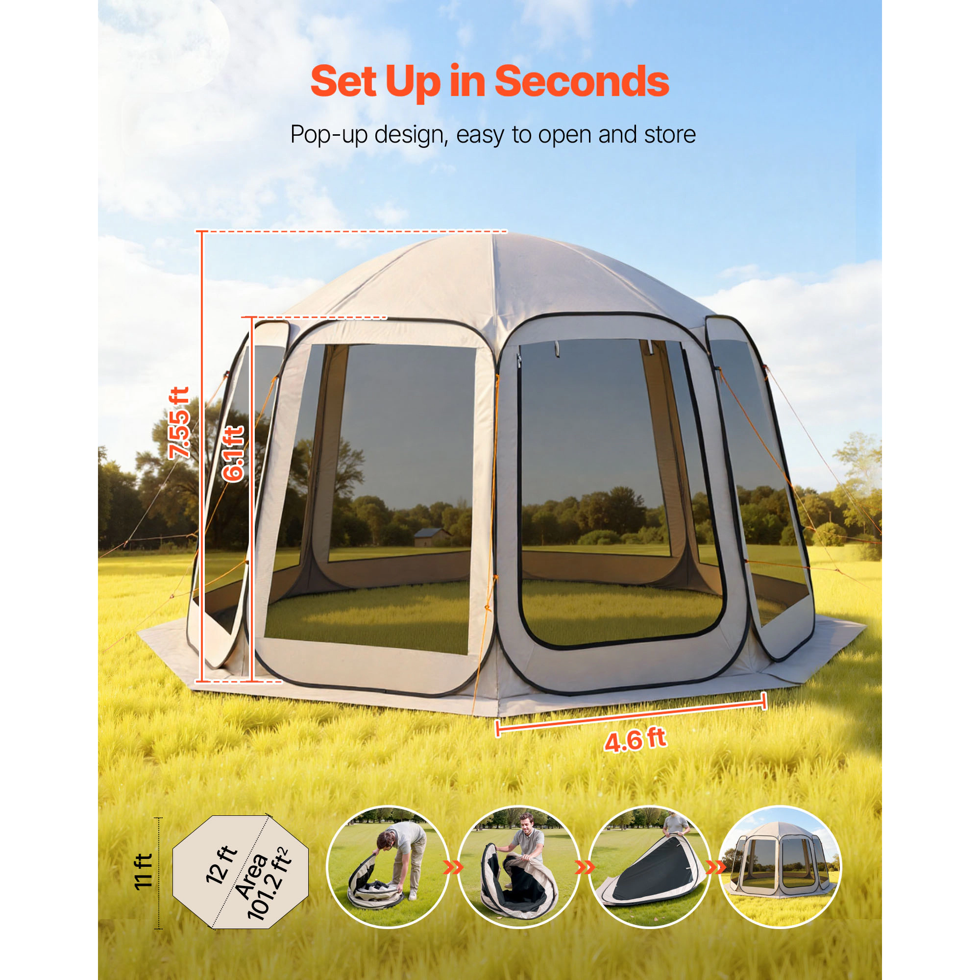HONGGE Screen House Tent Pop Up Screen Tent Portable Screened in Canopy with Carry Bag Netting Sides Ground Stakes for