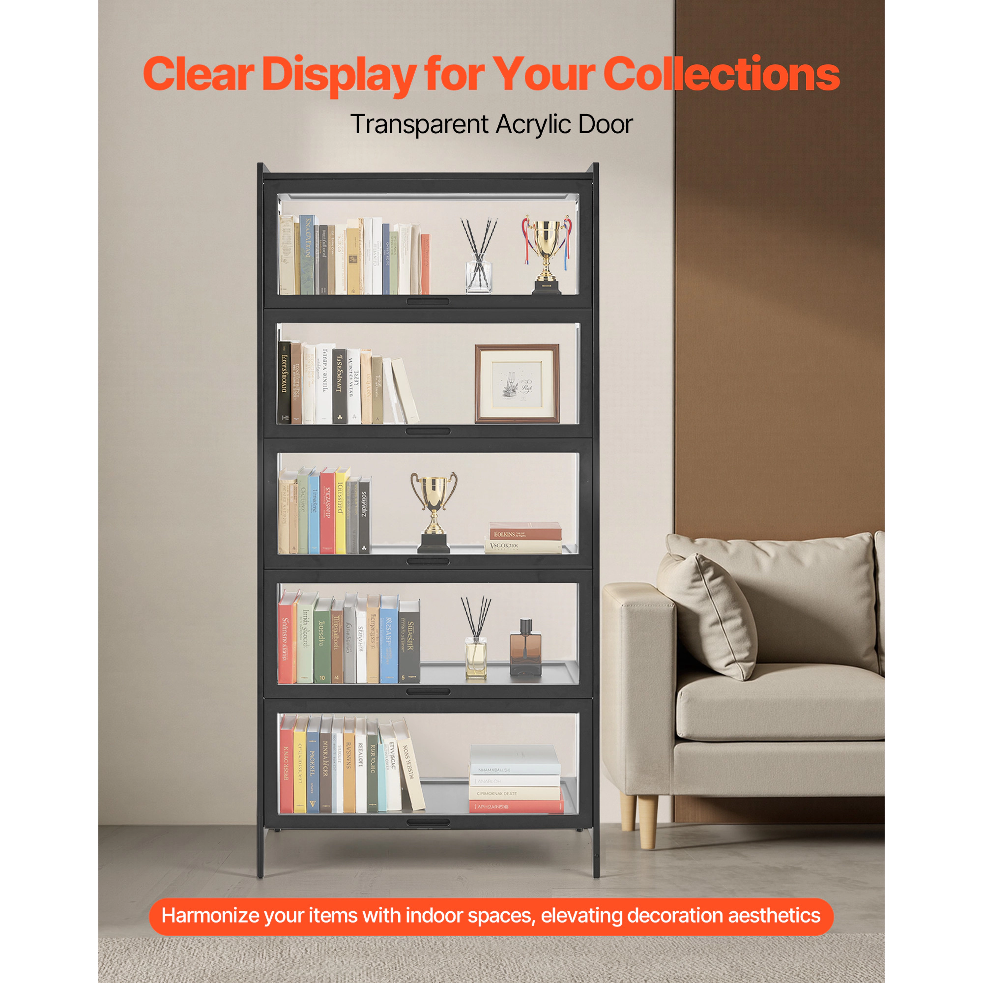 HONGGE 5-Tier Curio Cabinet with Acrylic Doors, 68 in Tall Natural Wood Frame Display Case for Collectibles