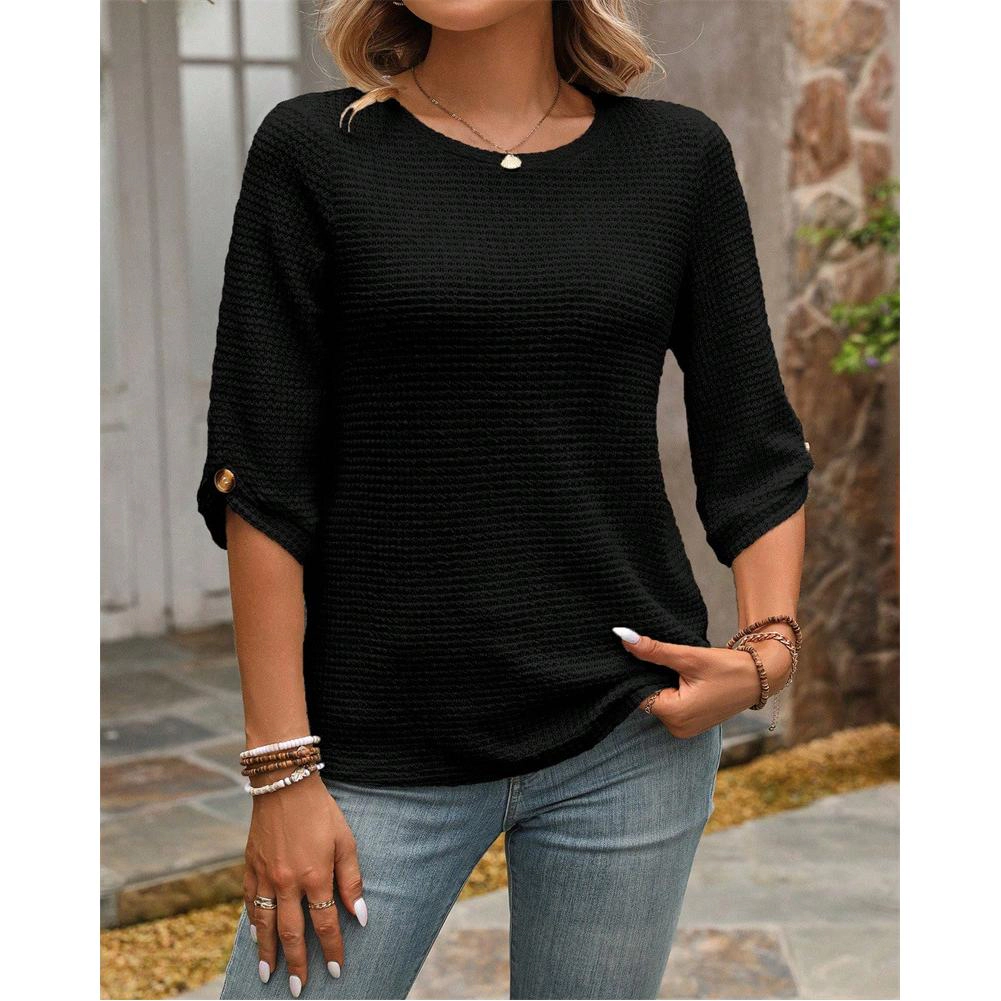 BLUEMING Womens Summer Tops 3/4 Length Sleeve Crew Neck Waffle Knit Pullover Shirts Loose Fit Going Out