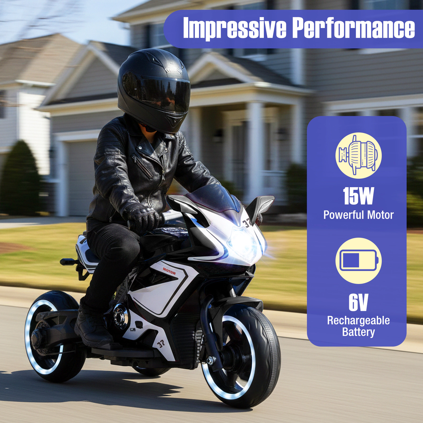 SUGIFT 6V Battery Powered Kids Ride On Motorcycle with LED Lights Mini Electric Motorbike 66-lb Capacity Ages 3+ Black