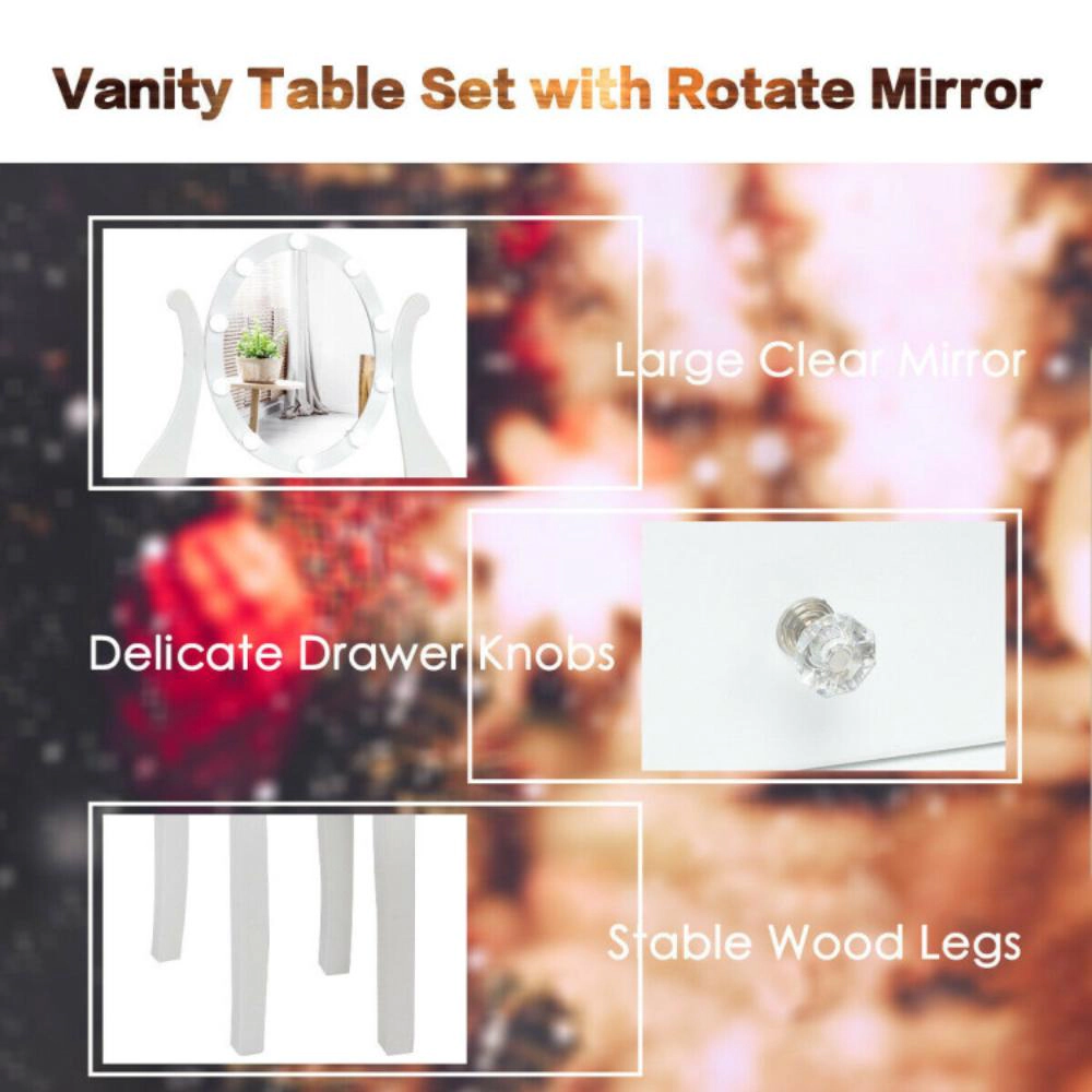 Hivvago 10 Dimmable Lights Vanity Table Set With Lighted Mirror And Cushioned Stool-White