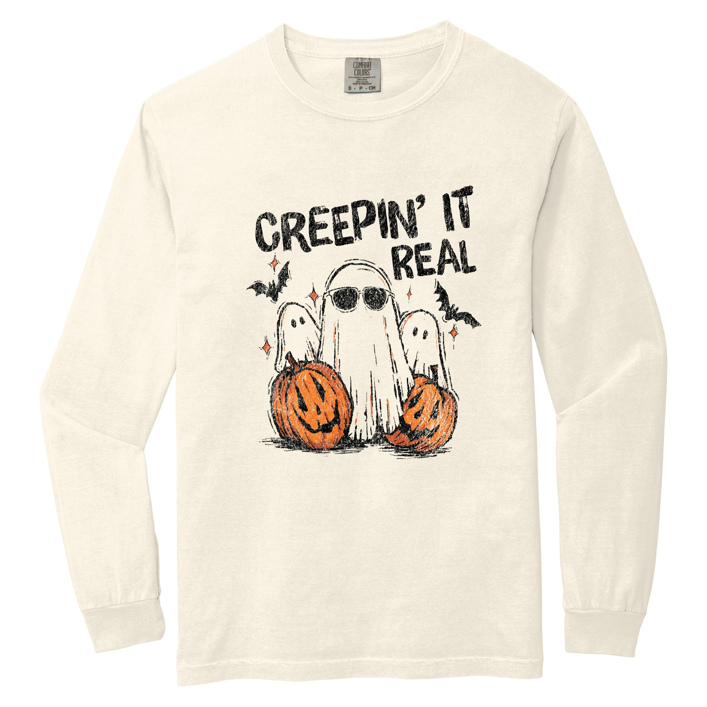 Simply Sage Market - Women's Garment Dyed Long Sleeve Graphic T-Shirt Creepin it Real Ghosts