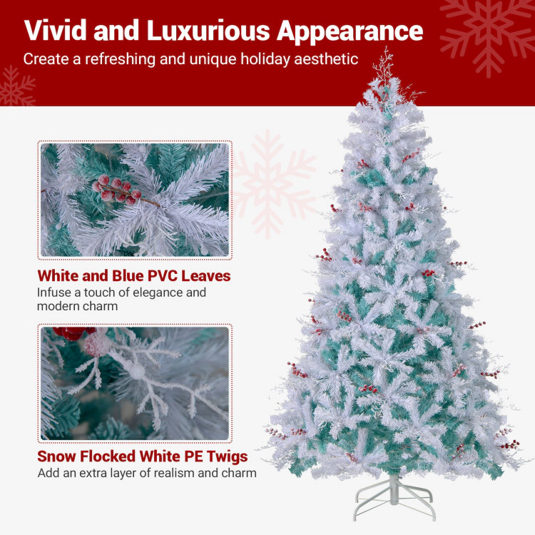 SUGIFT 7-ft Pre-Lit Snow Flocked Christmas Tree with 350 LED Lights 855 Tips and 41 Red Berry Clusters White