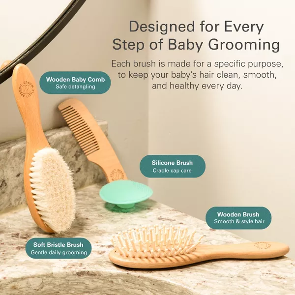Sperric Baby Hair Brush & Comb Set, Wooden w/ Soft Goat Bristle, Cradle Cap for Newborns, Boys Girls