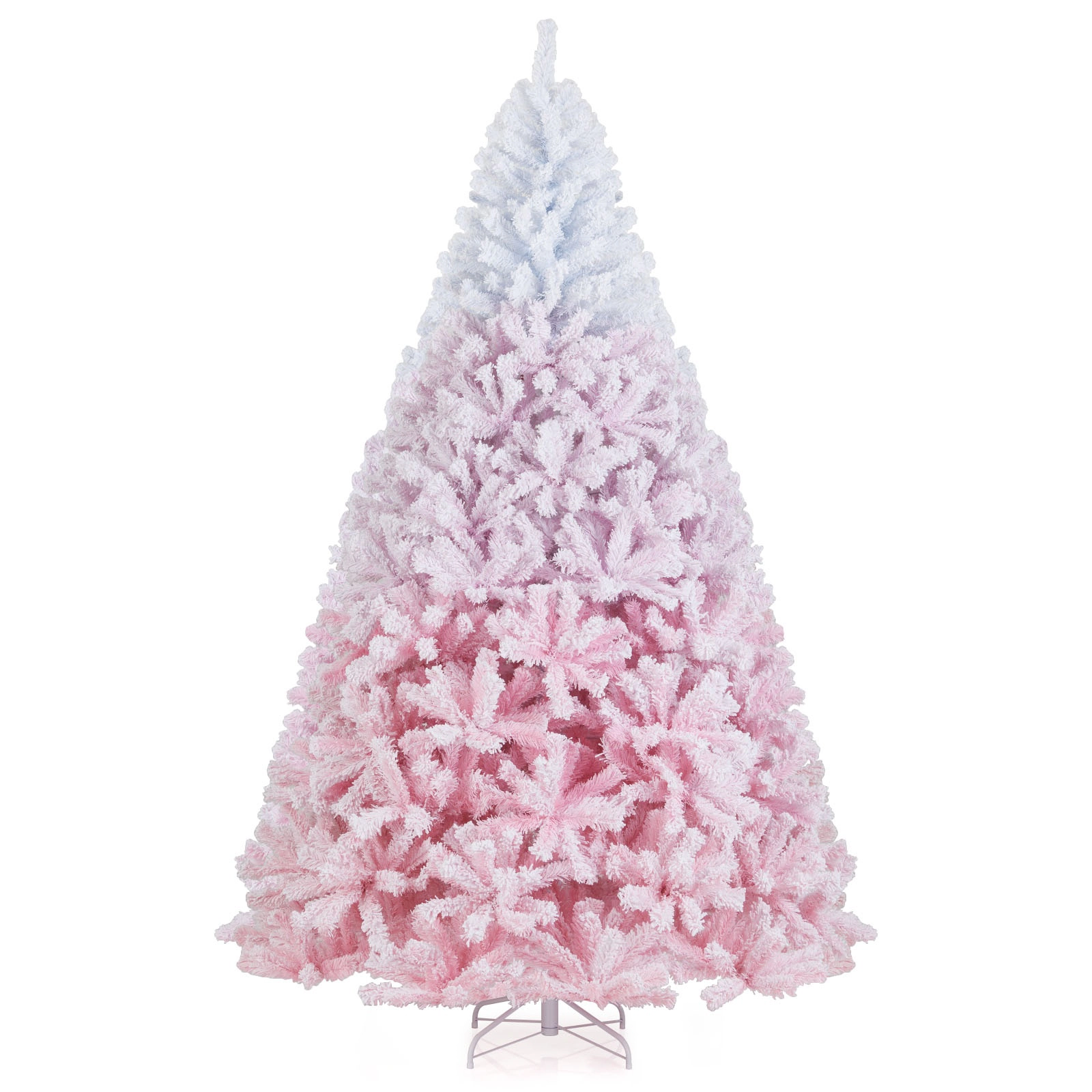 SUGIFT 8 ft White and Pink Flocked Christmas Tree with 1774 Branch Tips and Folding Metal Stand