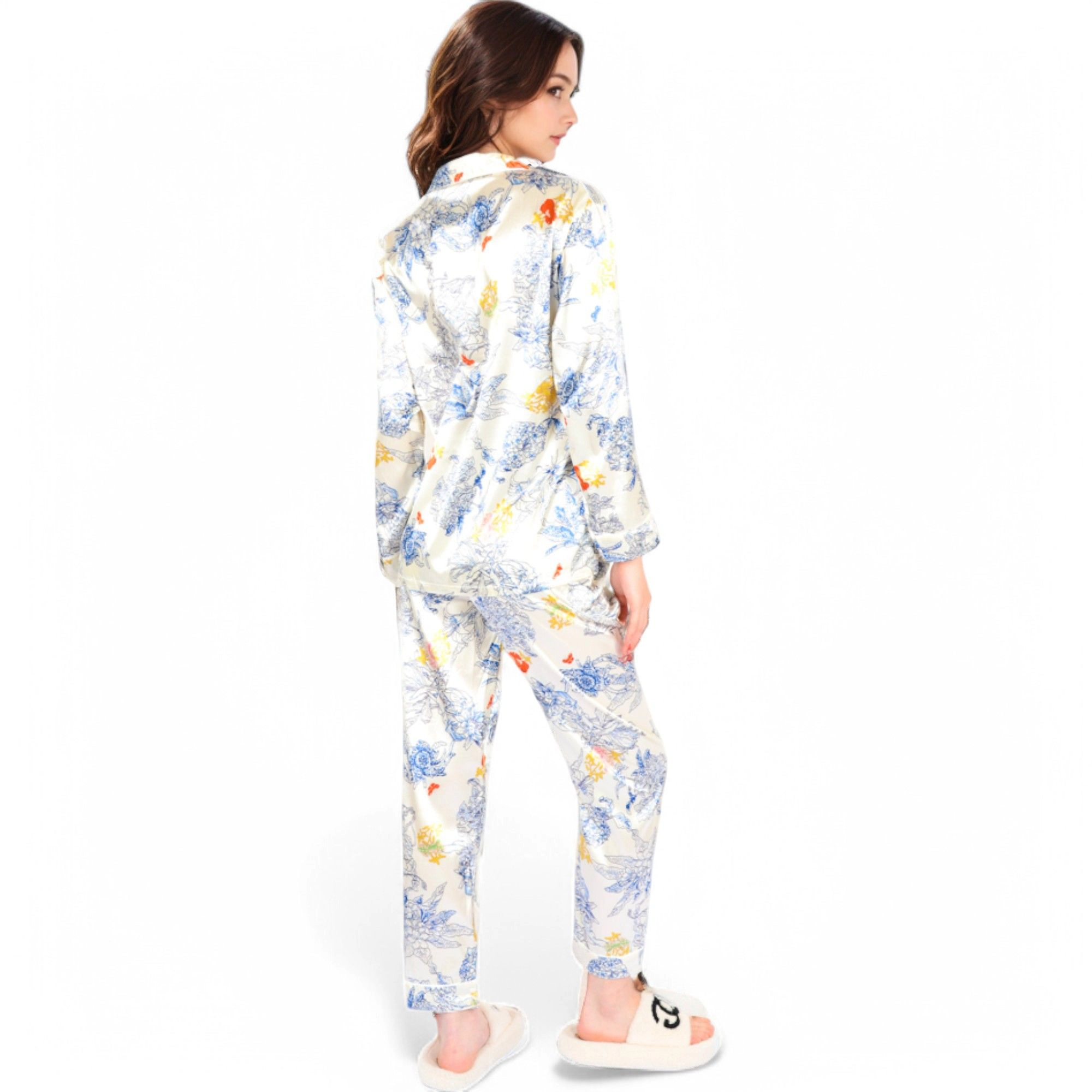Anna-Kaci Women's Botanical Print Satin Pajama Set with Button Up Top and Long Pants