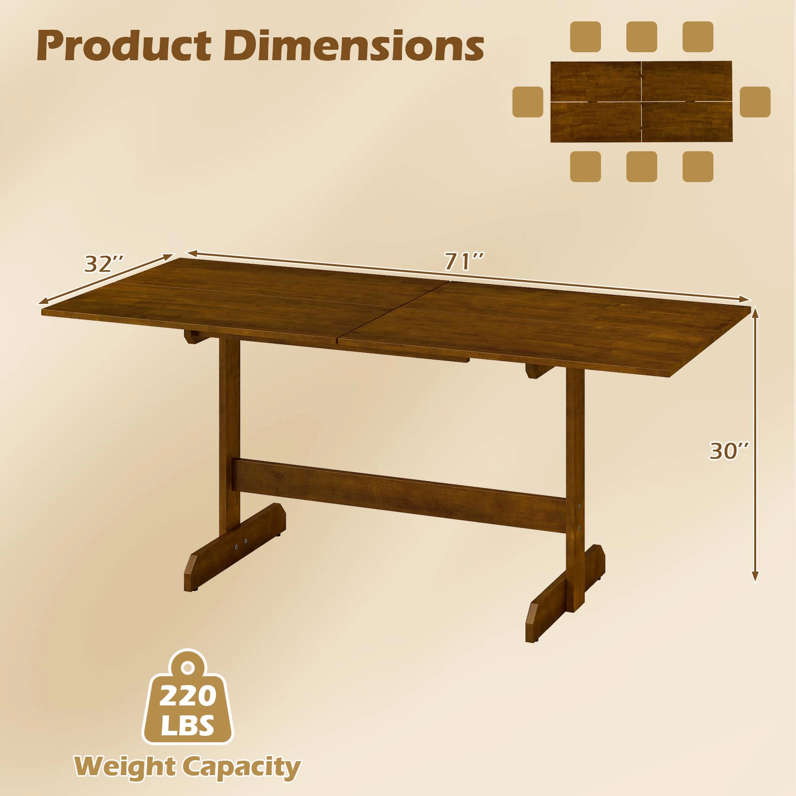 LJG 71 Inch Farmhouse Dining Table Wooden Kitchen Table for 6-8 with Rubber Wood Legs