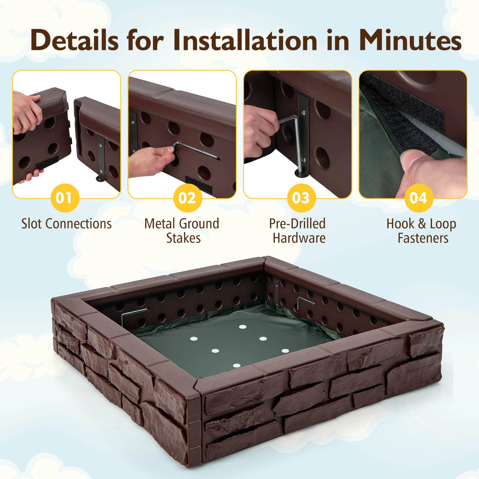 SUGIFT Brown Oxford Cover and Bottom Liner 2-in-1 HDPE Kids Sandbox
