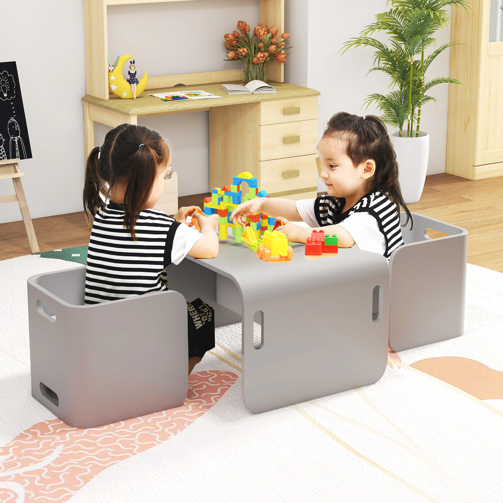 SUGIFT 3-Piece Kids Birchwood Table and Chair Set 220-lb Table 110-lb Chair Ages 2-9 Gray
