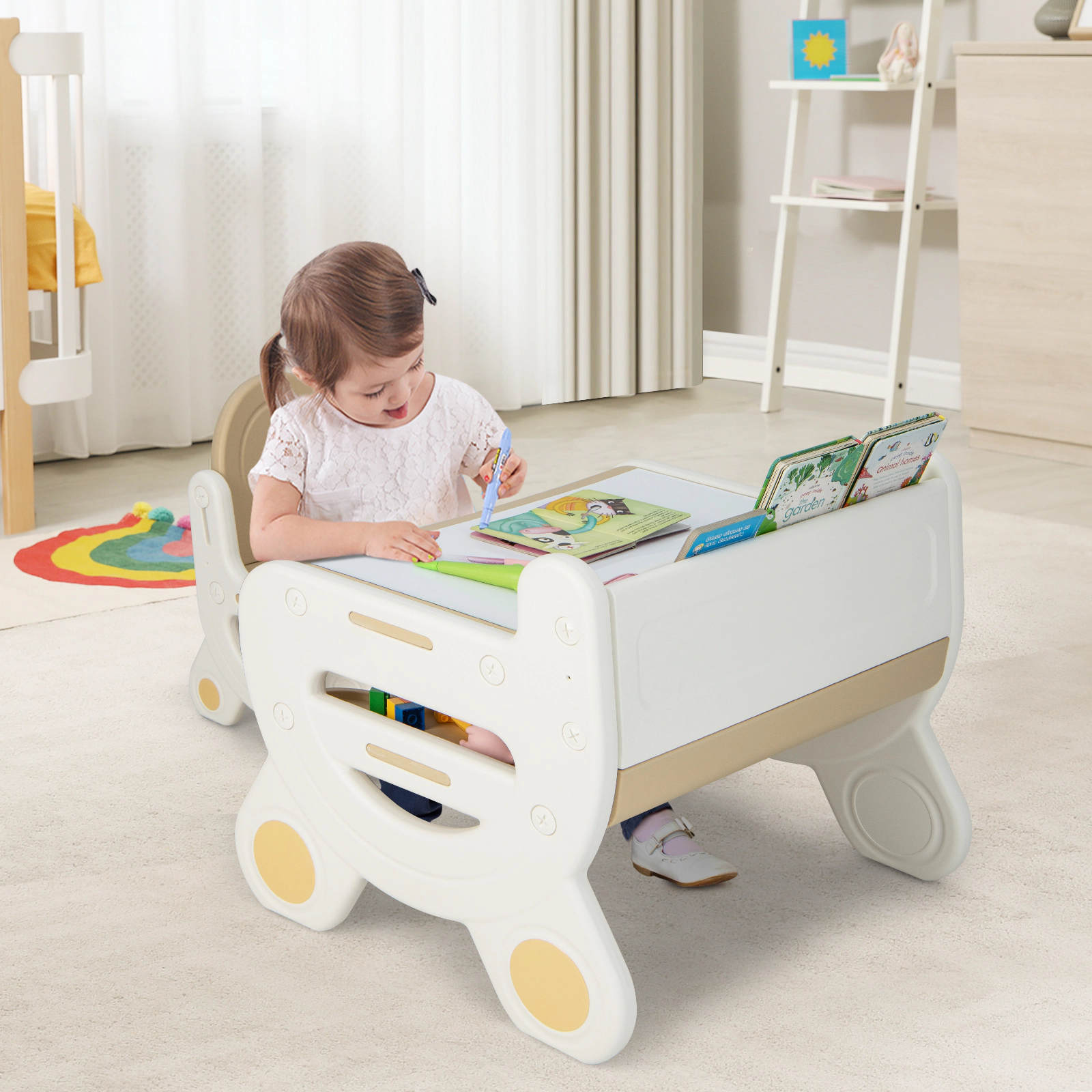SUGIFT Kids Drawing Table and Chair Set with Watercolor Pens and Blackboard Eraser 66-lb Table 3-8 Years Brown