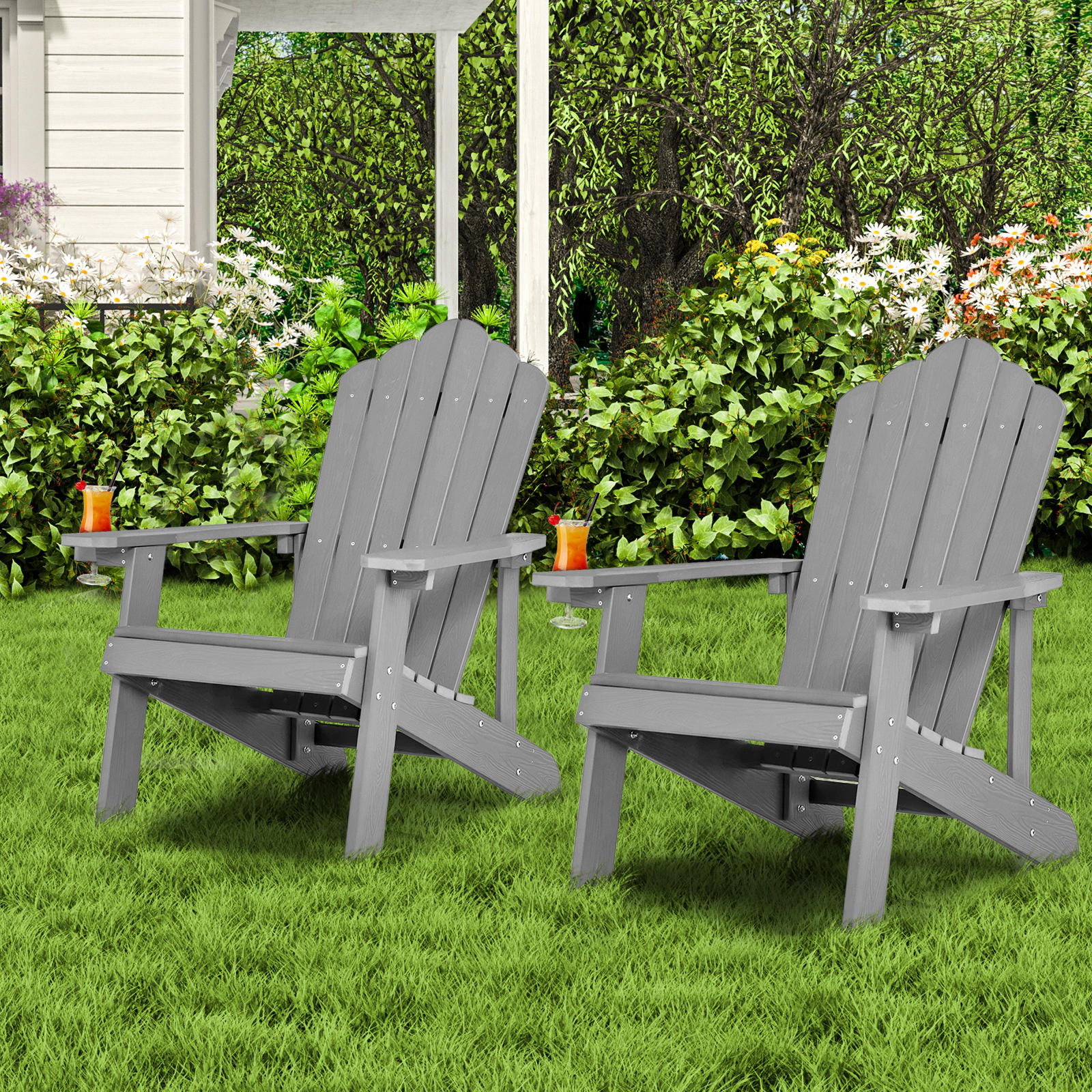 SUGIFT Gray HIPS Adirondack Chair with Hidden Cup Holder
