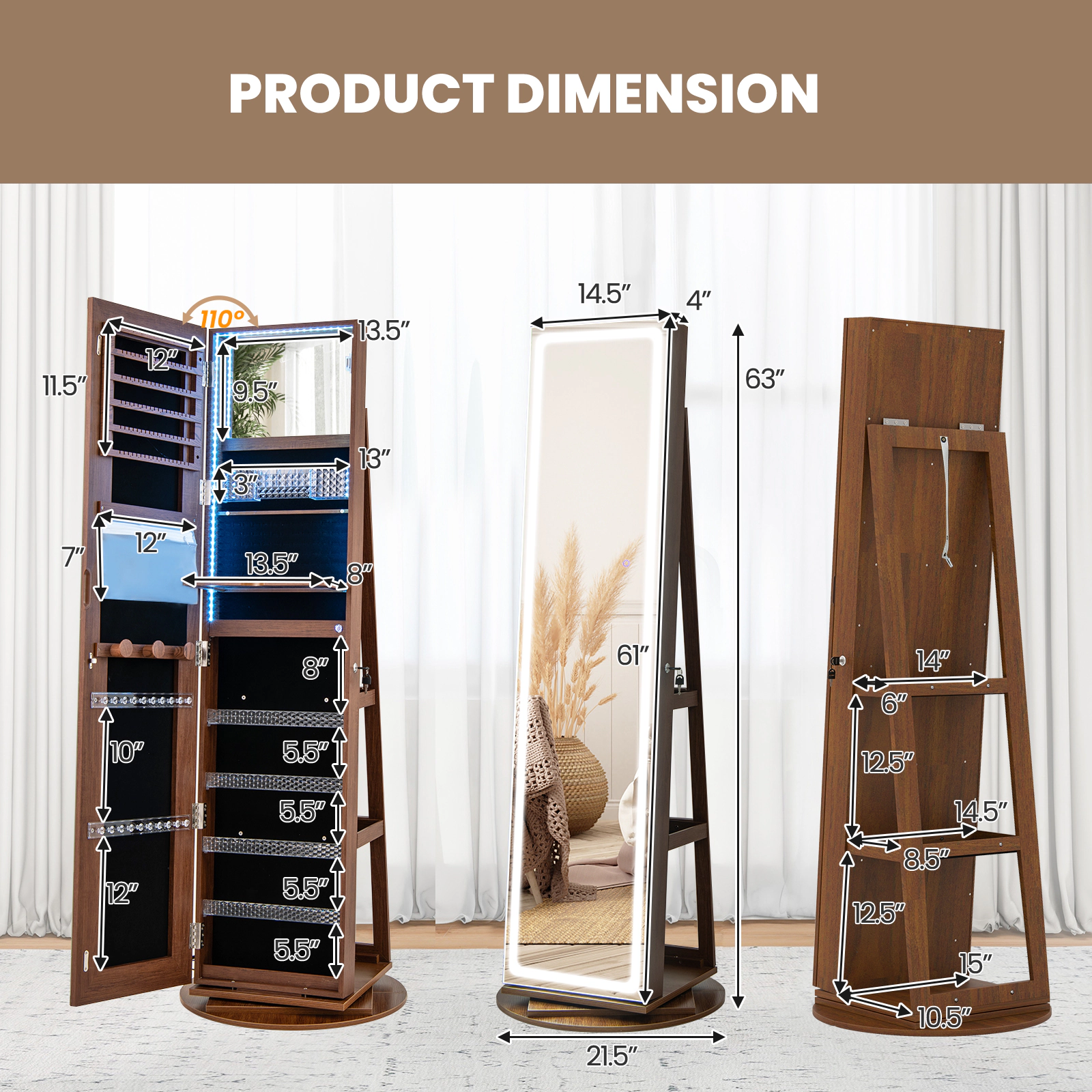 SUGIFT Brown 4-in-1 Rotating Standing Jewelry Armoire Vanity Desk Mirror with Foldable Makeup Shelf