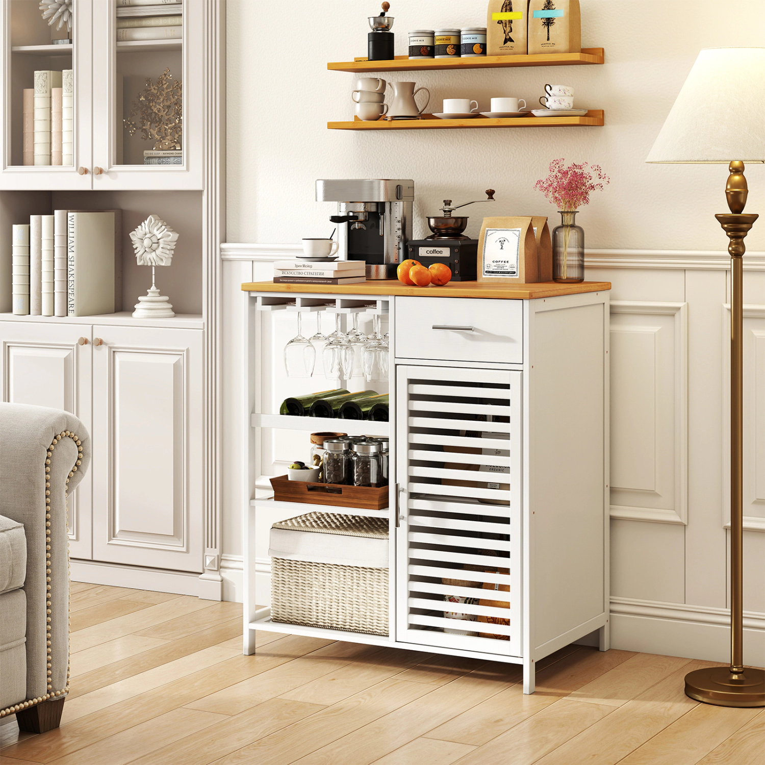 LJG Coffee Bar Cabinet with Glass Holder Wine Rack and Bamboo Top