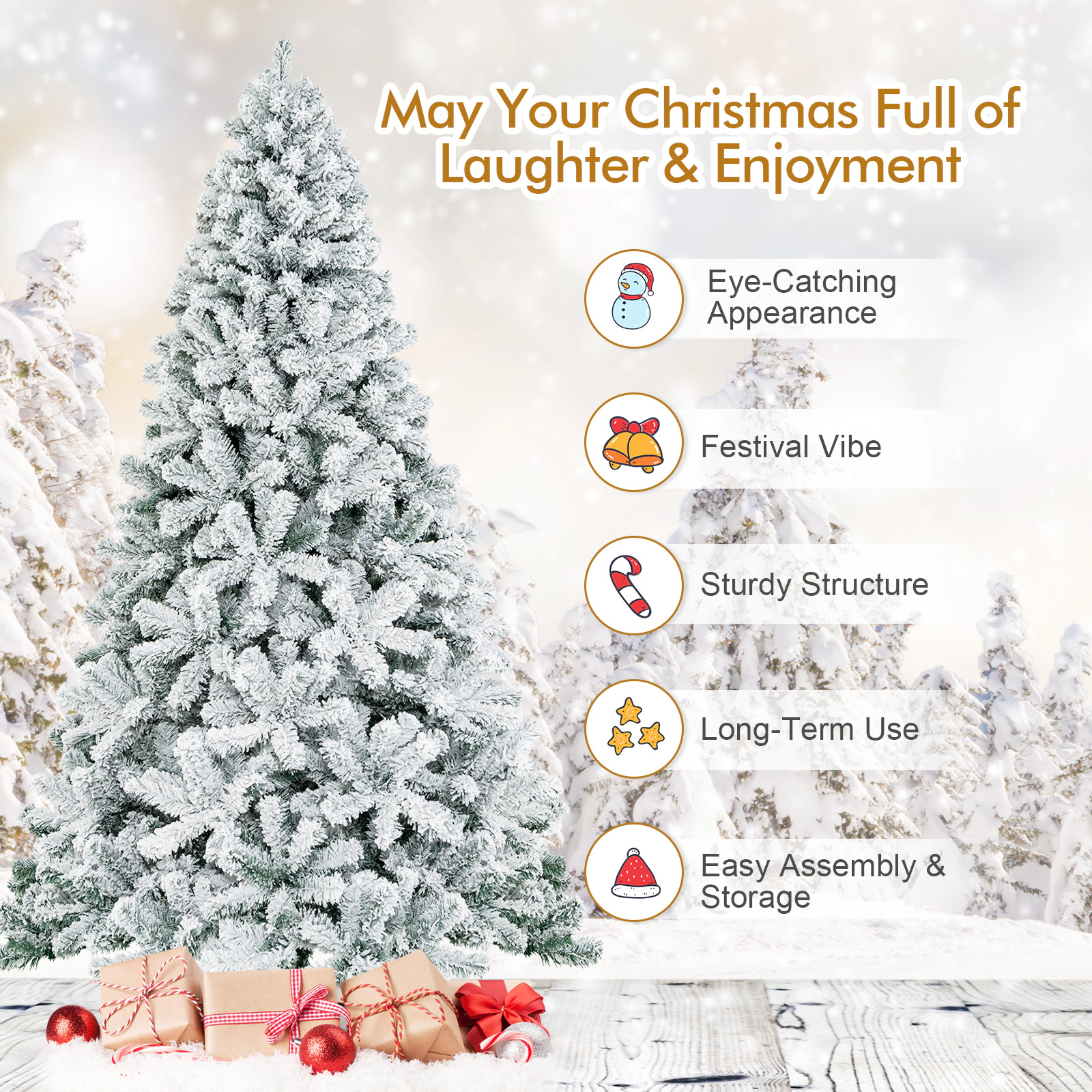 SUGIFT Snow Flocked Hinged Artificial Christmas Tree 7.5-ft Tall with 1010 Branch Tips 4 Sections with Metal Stand White