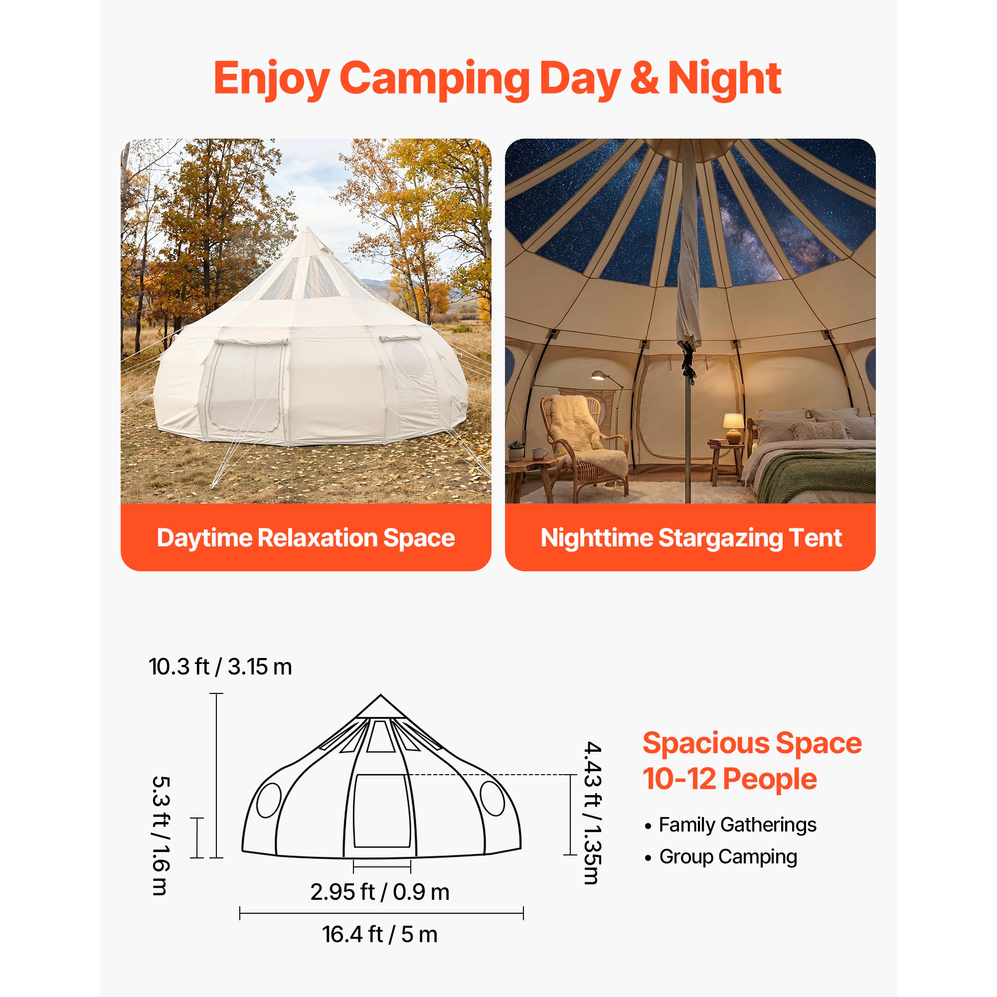 HONGGE Canvas Bell Tent 4 Seasons Yurt Tent for Camping with Stove Jack Canvas Breathable Holds with Zipped Detachable