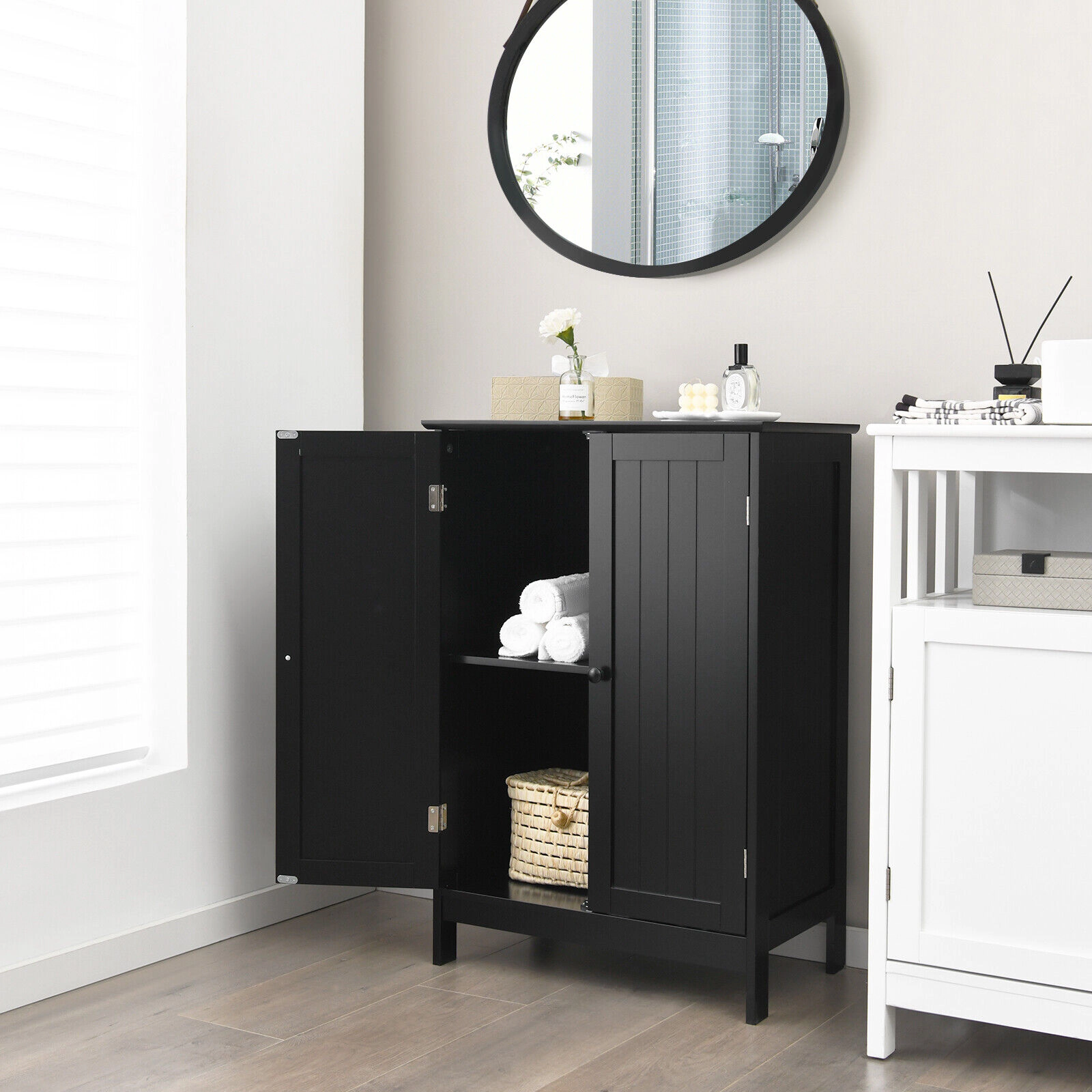 Glintex 2-Door Freestanding Bathroom Cabinet with Raised Base and Magnetic Catches