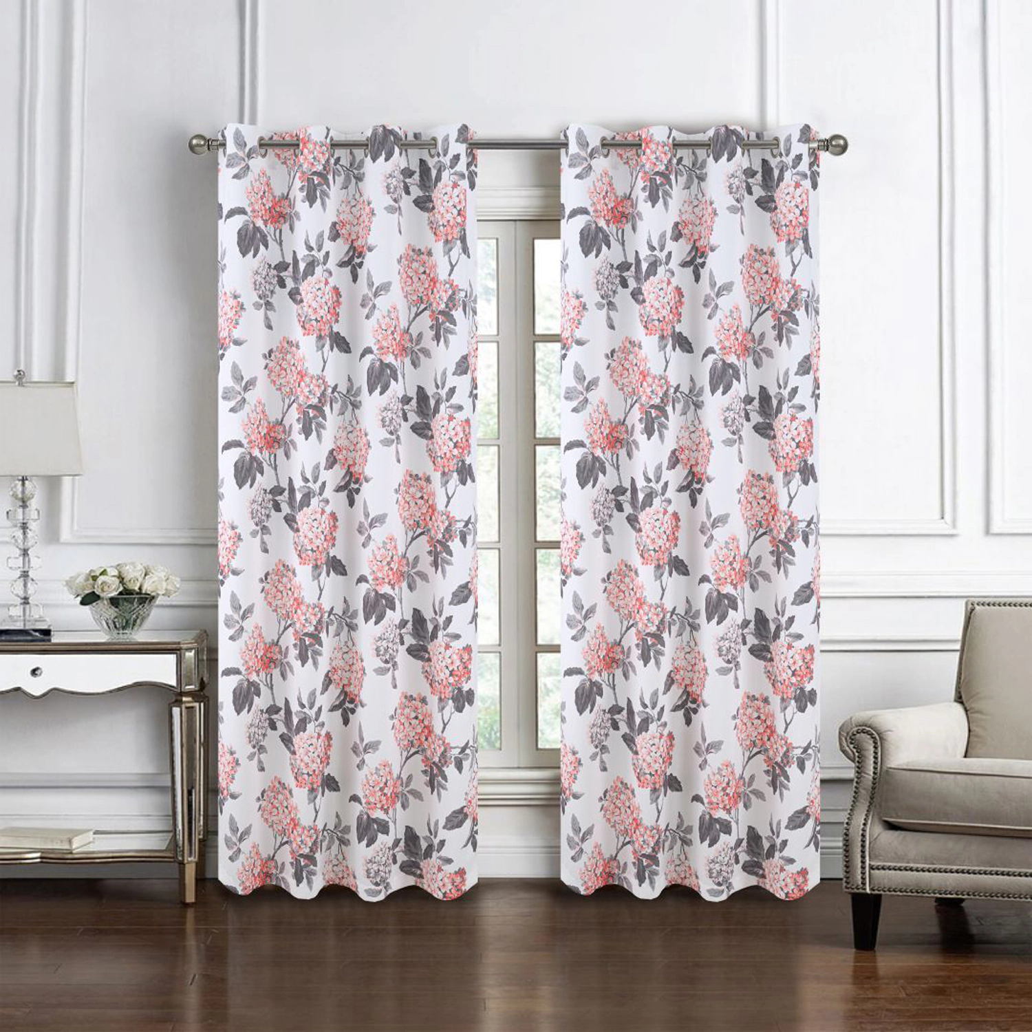 Olivia Gray 100% Polyester 200 GSM Hydrangea Printed Blackout Grommet Curtain Panel 54" x 90" Rose