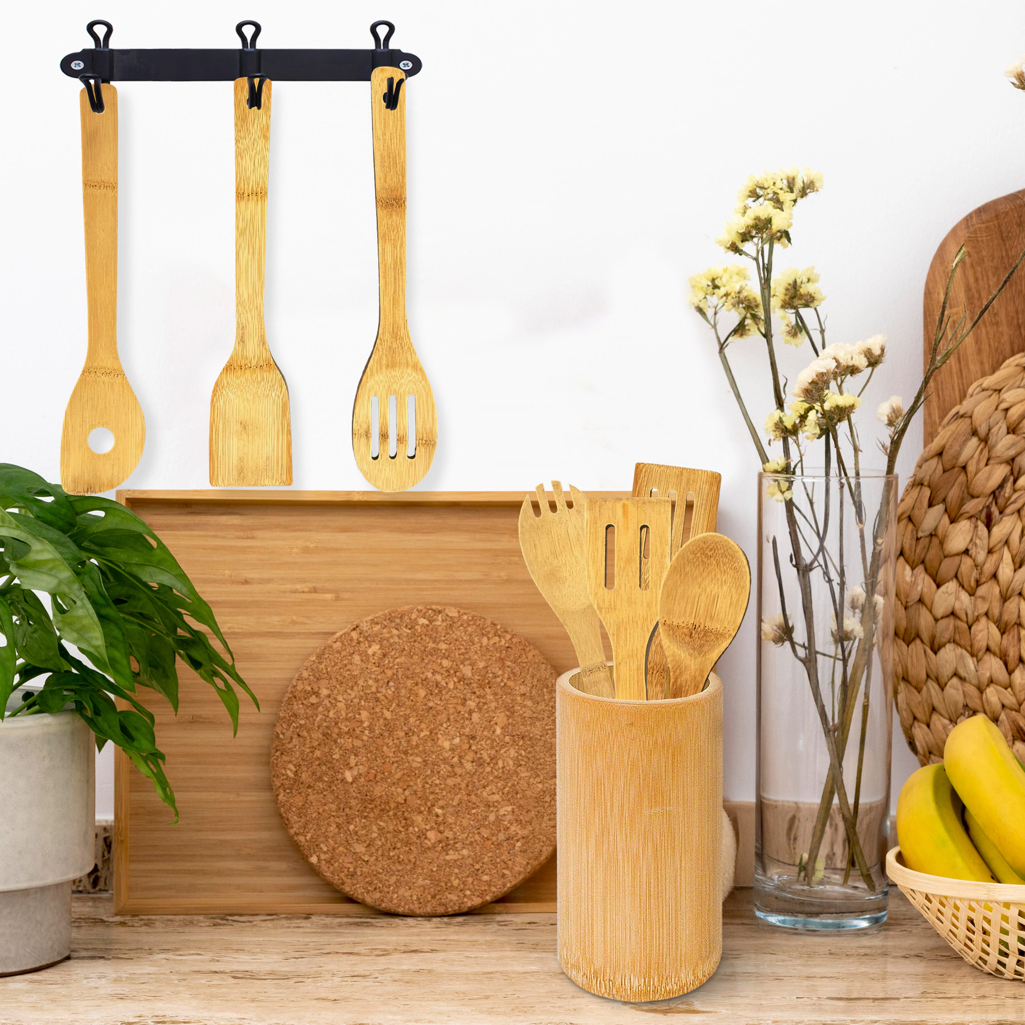 Cheer Collection 8-Piece Bamboo Cooking Utensil Set with Spoons, Turners and Holder