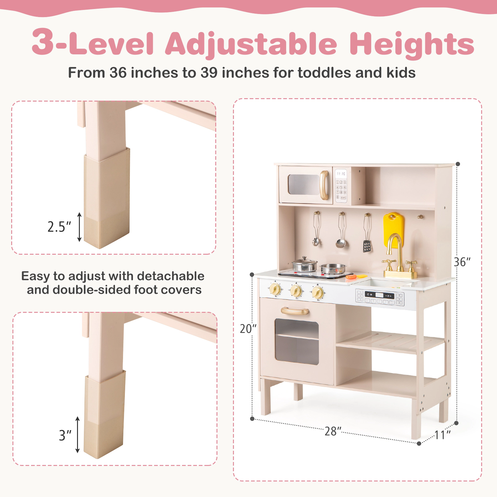 LJG Kids Play Kitchen Height Adjustable with Microwave and Lights and Sounds