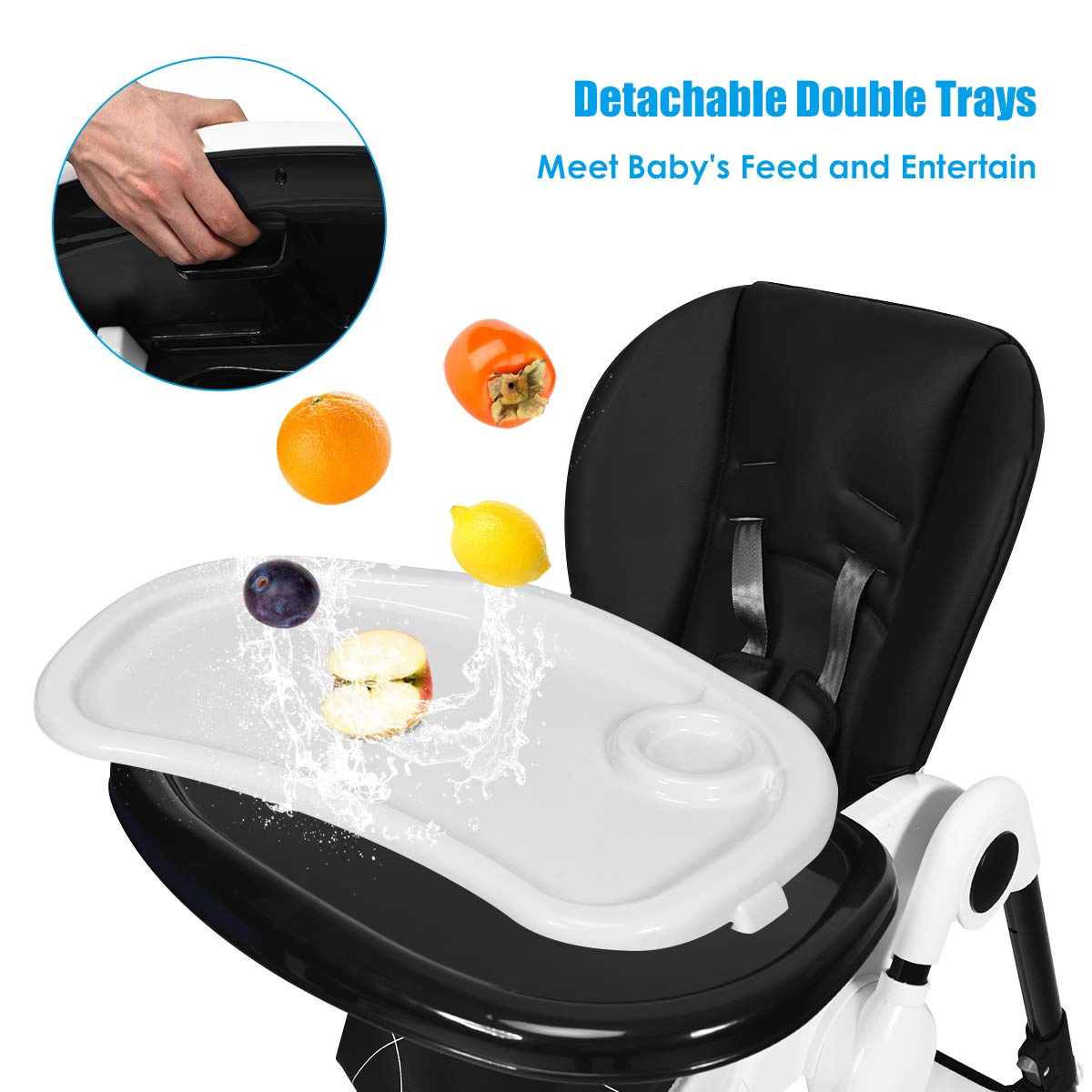 SUGIFT Foldable A-Shaped High Chair with 4 Lockable Wheels 50-lb Capacity Ages 0-36 Months 20.5-in Tray Black