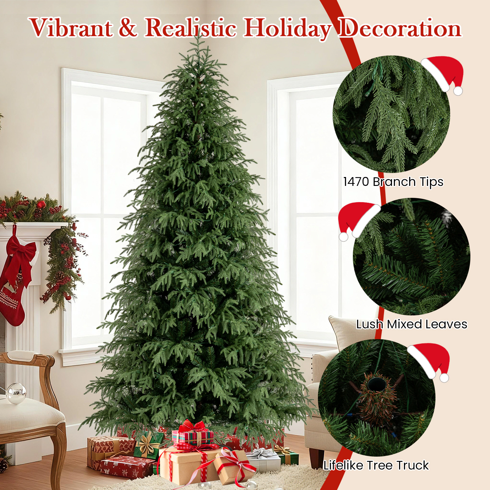 Costway 7/7.5/8 FT Artificial Christmas Tree with 1217/1449/1470 Branch Tips, 400/470/500 Warm LED Lights