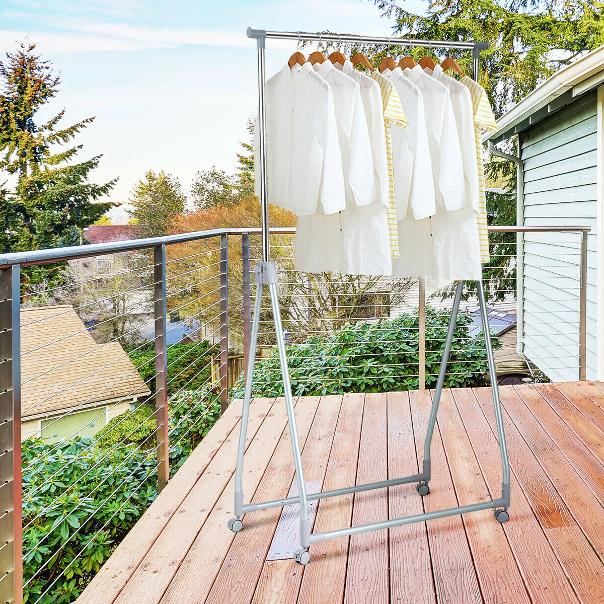 SUGIFT Silver Foldable Extendable Rolling Clothes Rack with 66-in Adjustable Rod and 4 Caster Wheels