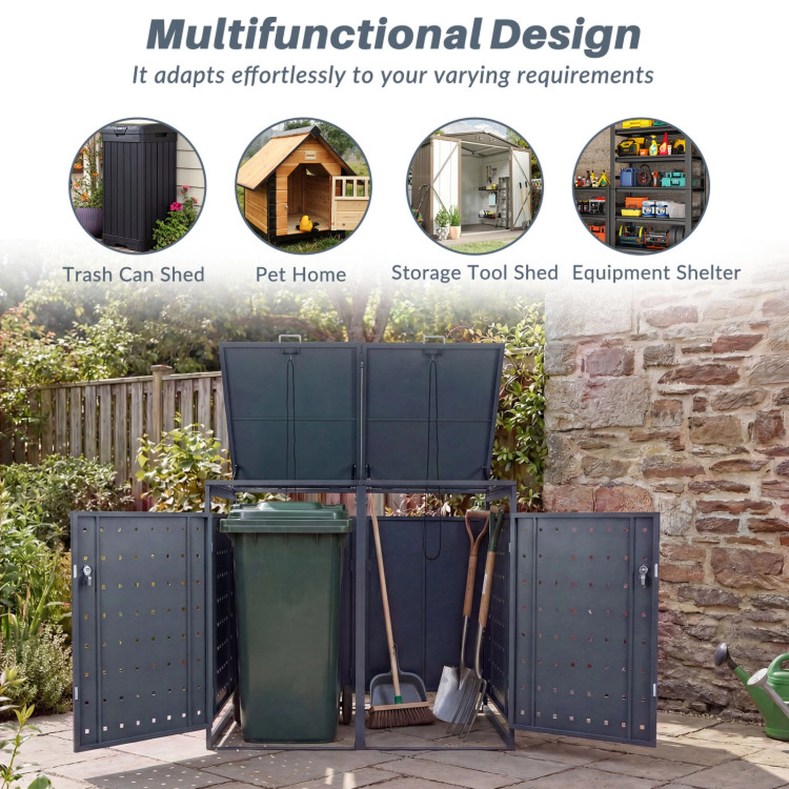 SUGIFT Outdoor Metal Garbage Bin Storage Shed for 2 Trash Cans 46-in Tall Double Trash Can Enclosure Gray