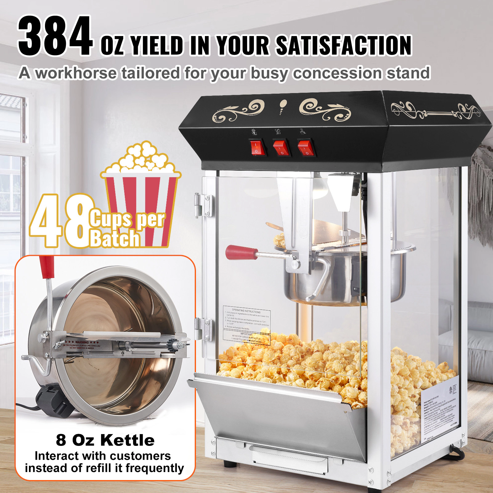 HONGGE Popcorn Maker, Popper Machine, Kettle Makes Cups per Batch, Countertop Maker with Tempered Glass
