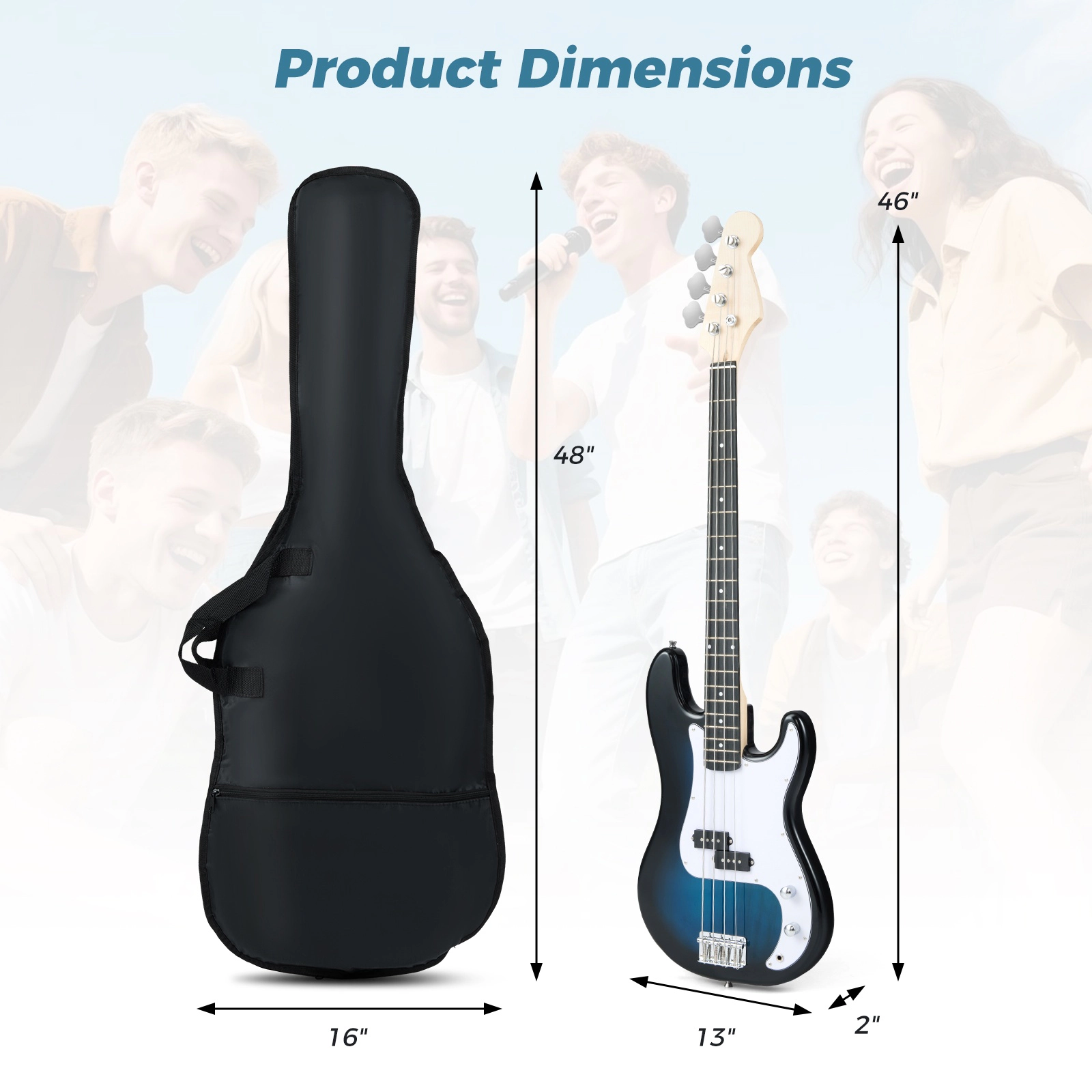 SUGIFT Blue 45.5-in Electric Bass Guitar with Double Pickups Chrome-Plated Pegs Gig Bag and Truss Rod
