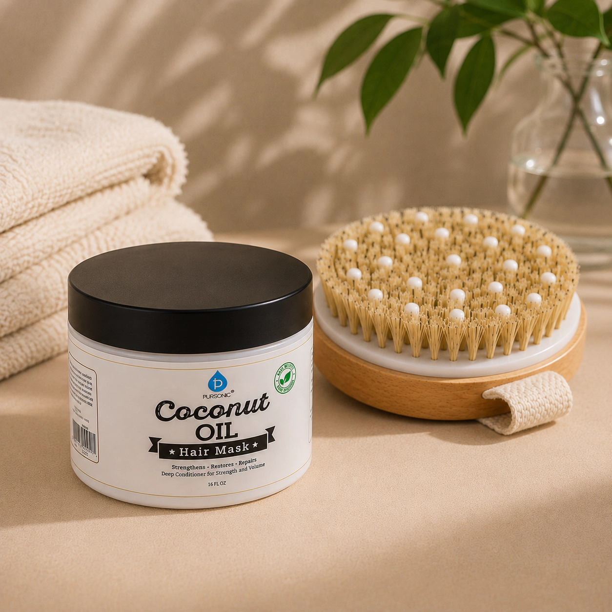 Pursonic Unisex Hair Care & Body Massage Wellness Bundle with Coconut Oil Hair Mask, Bath Brush & Wooden Rubber Massager