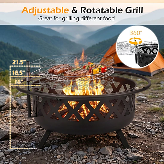 SUGIFT 36-Inch Black Wood-Burning Fire Pit with Rotatable Grill Grate ...