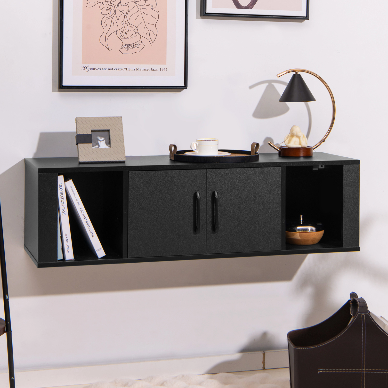 LJG Wall Mounted Floating 2 Door Desk Hutch Storage Shelves