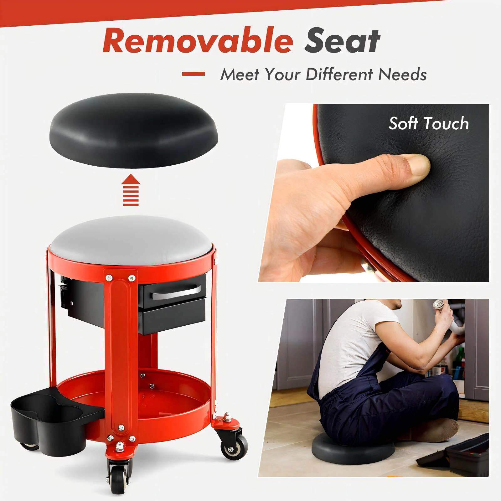 SUGIFT 2 Drawers Removable Padded Seat 4 Casters Rolling Mechanic Stool 16-in x 17-in 330-lb Capacity Red