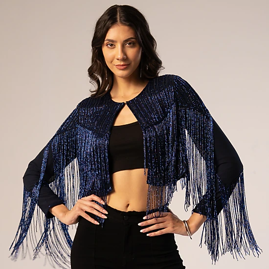 Rose & Nancy Women's Blue Black Scarlett Beaded Fringe Jacket