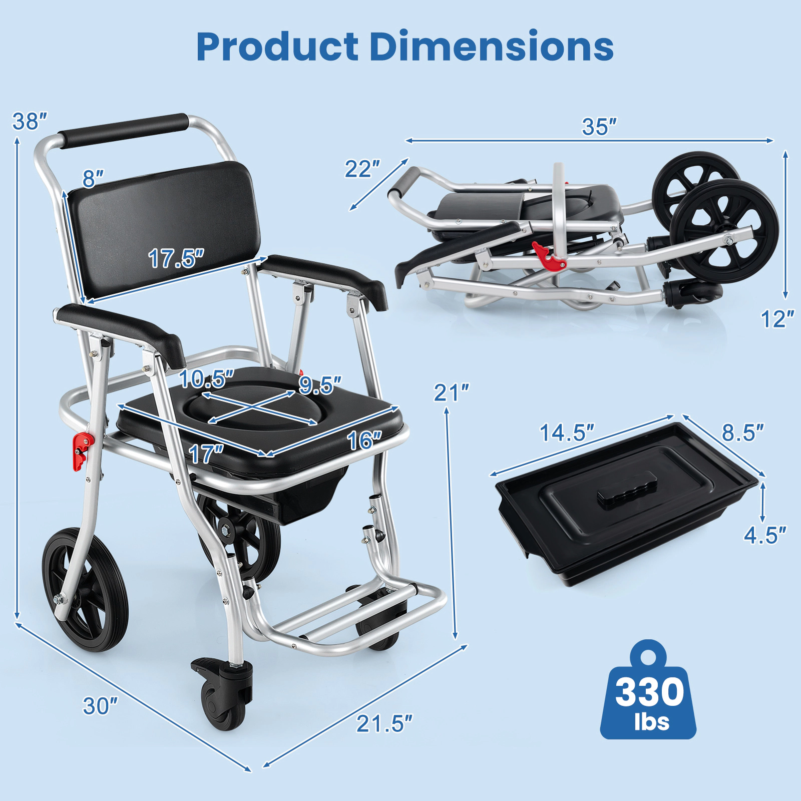 SUGIFT 4-in-1 Black Foldable Bedside Commode Chair with Bucket 30-in W 21.5-in D 38-in H 330-lb Seat Capacity