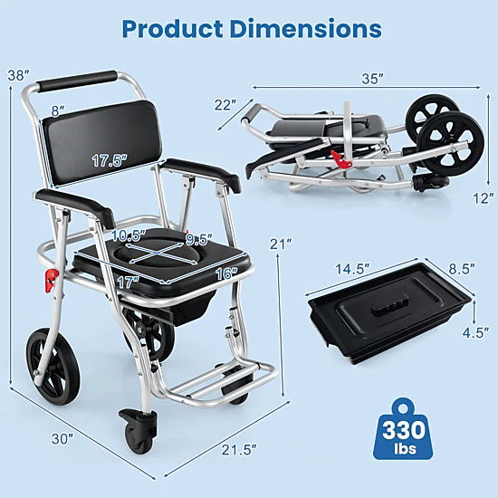 SUGIFT 4-in-1 Black Foldable Bedside Commode Chair with Bucket 30-in W 21.5-in D 38-in H 330-lb Seat Capacity
