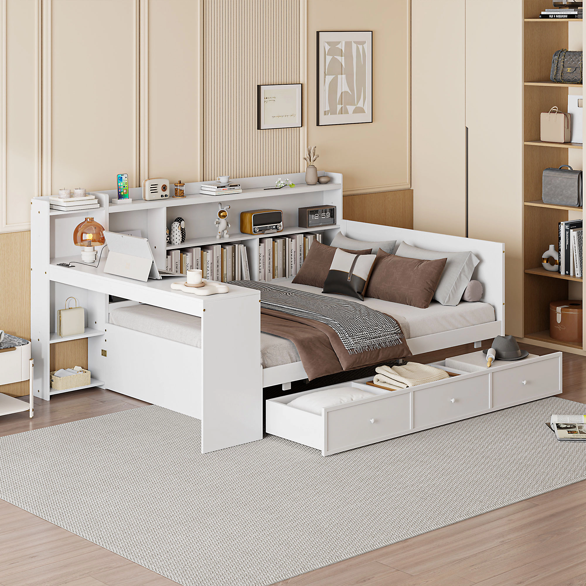Flynama Full Wooden Daybed with 3 Drawers, USB Ports & Desk, White