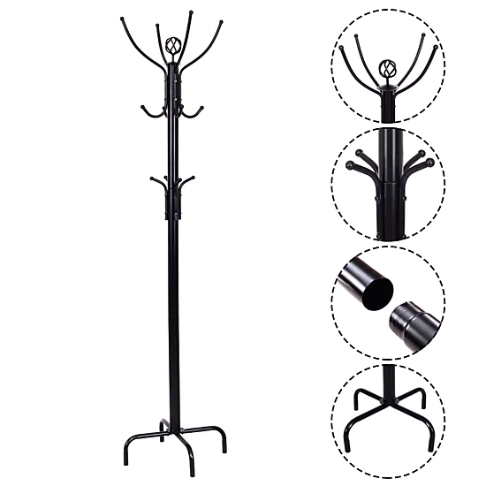 Glintex 12-Hook Metal Coat Rack with 3-Layer Structure and Powder-Coated Steel, Black