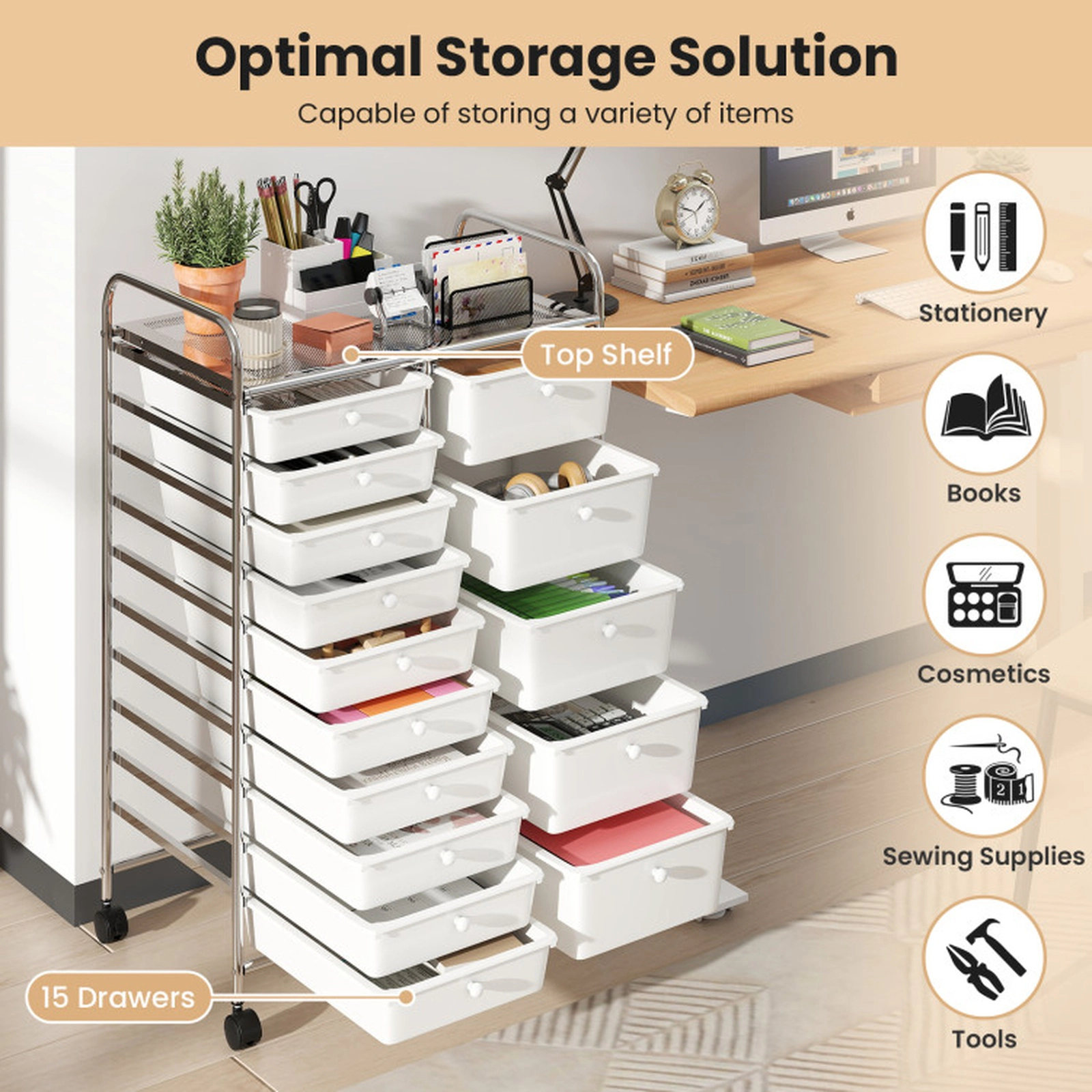 SUGIFT White 88-lb Capacity 15-Drawer Rolling Storage Trolley Cart with Chrome Plated Metal Frame