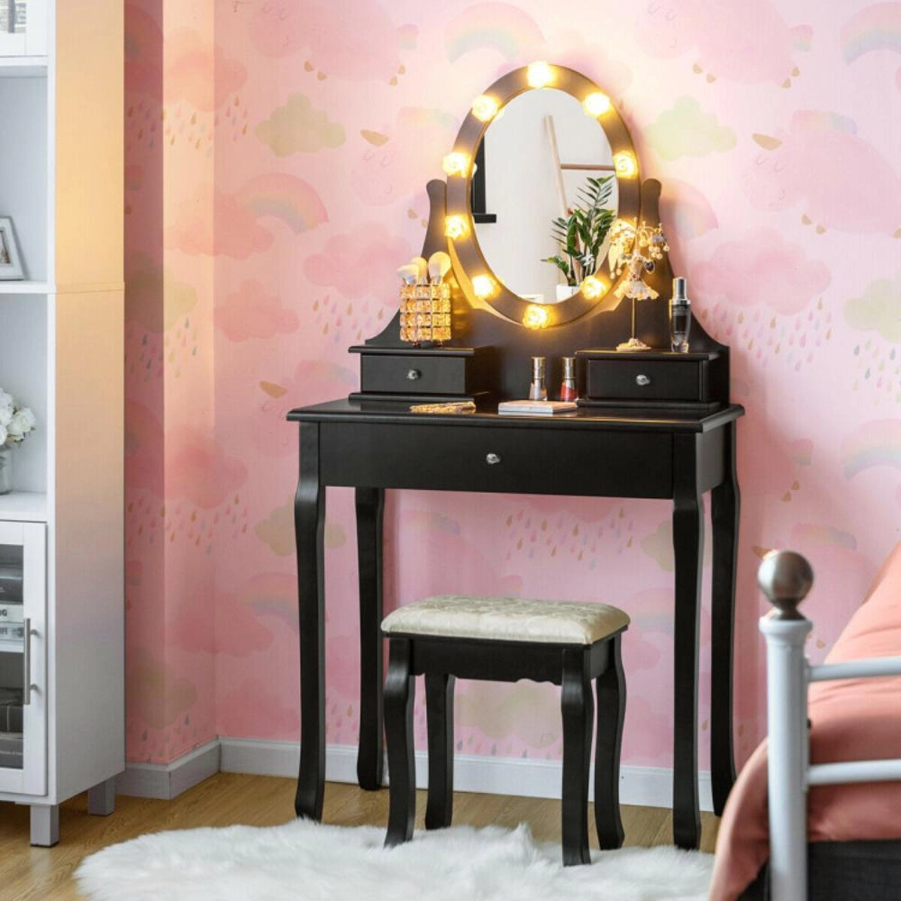 Hivvago 3 Drawers Lighted Mirror Vanity Dressing Table Stool Set-Black